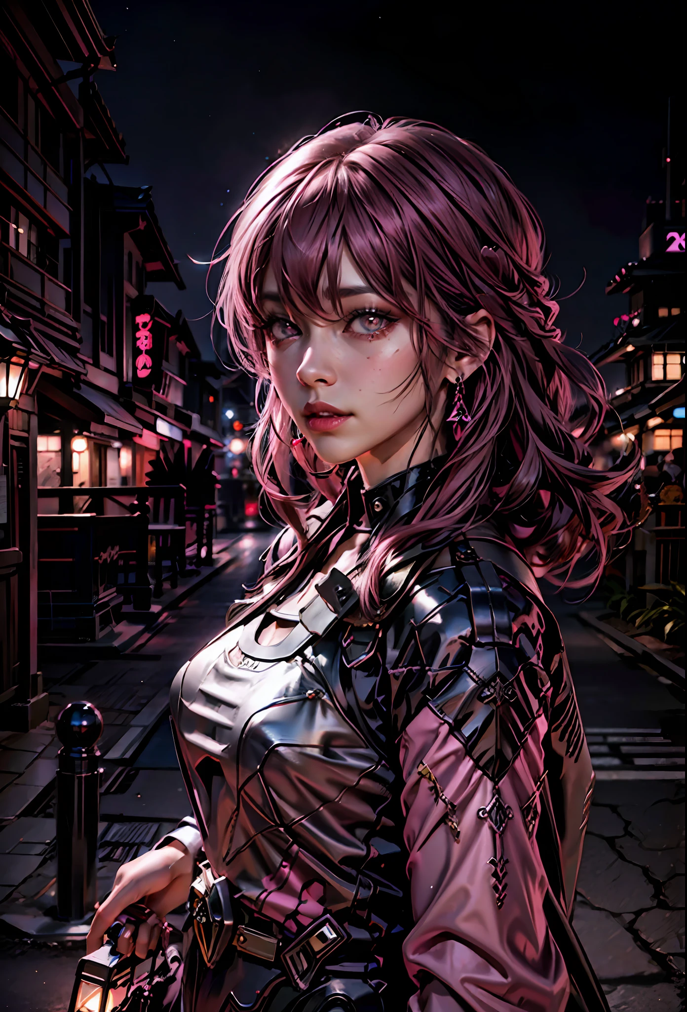 Schwarz Rosa ,Sexy Mädchen mit rosa Haaren, rosa Augen , im Hintergrund japanische Stadt bei Nacht,neben einem Lamborghini