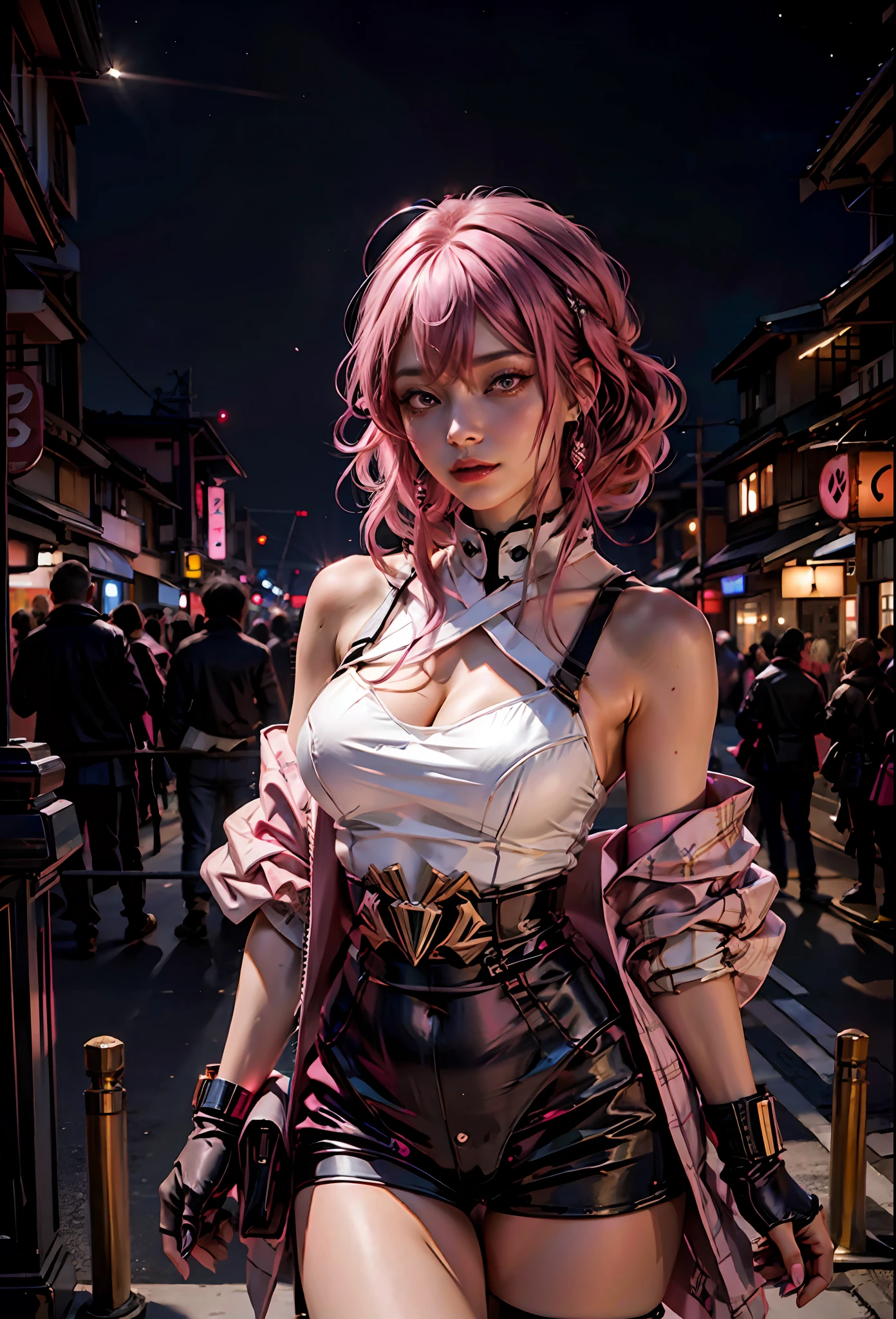 Fille sexy aux cheveux roses, yeux roses , vêtements révélateurs, en arrière-plan ville japonaise la nuit,à côté d’une Lamborghini