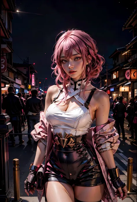 Sexy girl with pink hair, pink eyes , Revealing clothes, in the background japanese city at night,next to a lamborghini