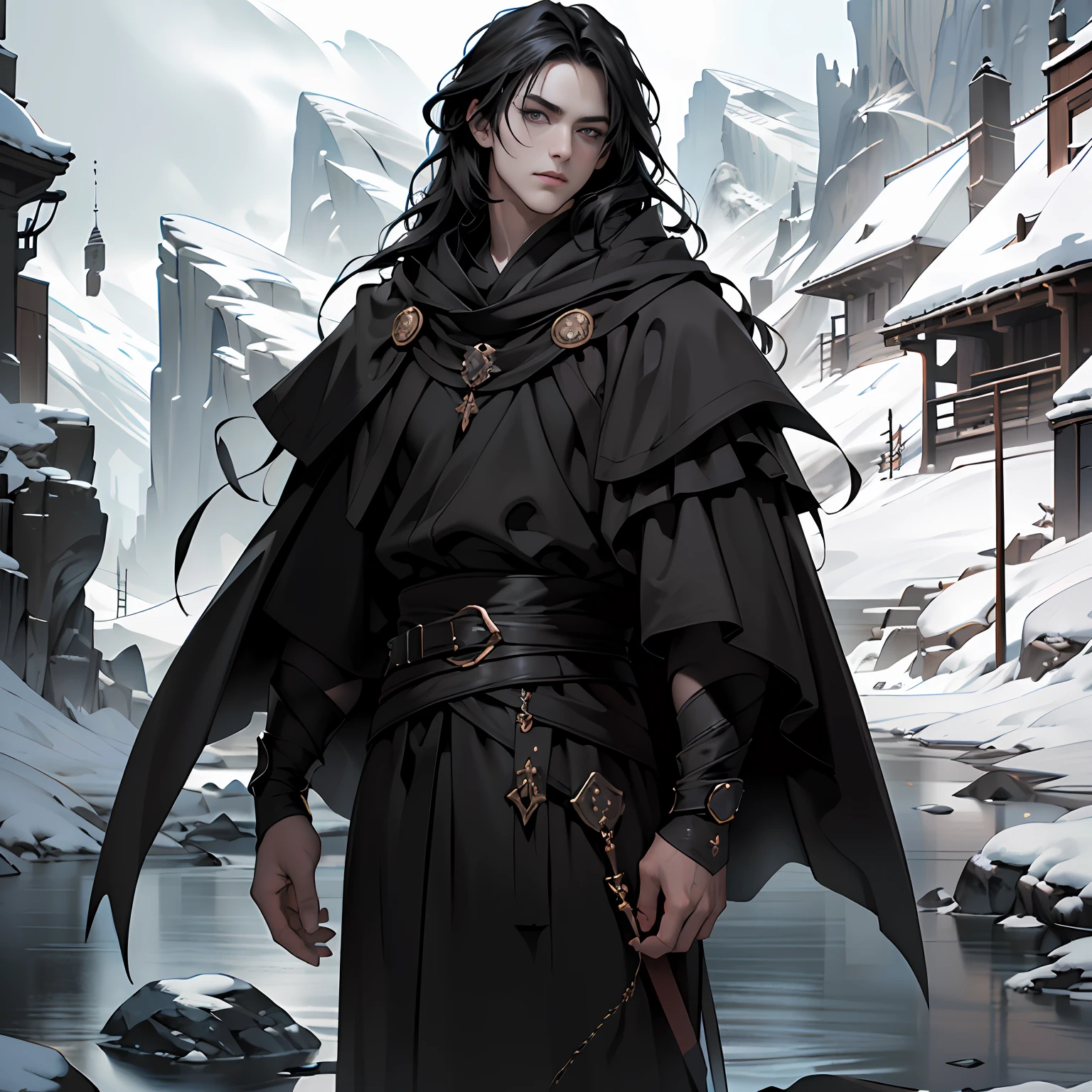 ((Cinematic light, Best quality, 8k, Masterpiece :1.3)), (extremely detailed:1.2), (extremely detailed face), (photorealistic:1.2), (ultra detailed), 8k, (((1guy))), male, man, ((full body shot)), ((long black hair)), look at viewer, snowy mountains background, soft lighting, beautiful, hyperrealistic, Hyperdetailed, soft shadows, masterpiece, best quality, ultra realistic, 8k, golden ratio, intricate, High Detail, soft focus, black pupils, body facing towards viewer, long black robe, dark makeup, ((((black scleras)))), ((pale skin))