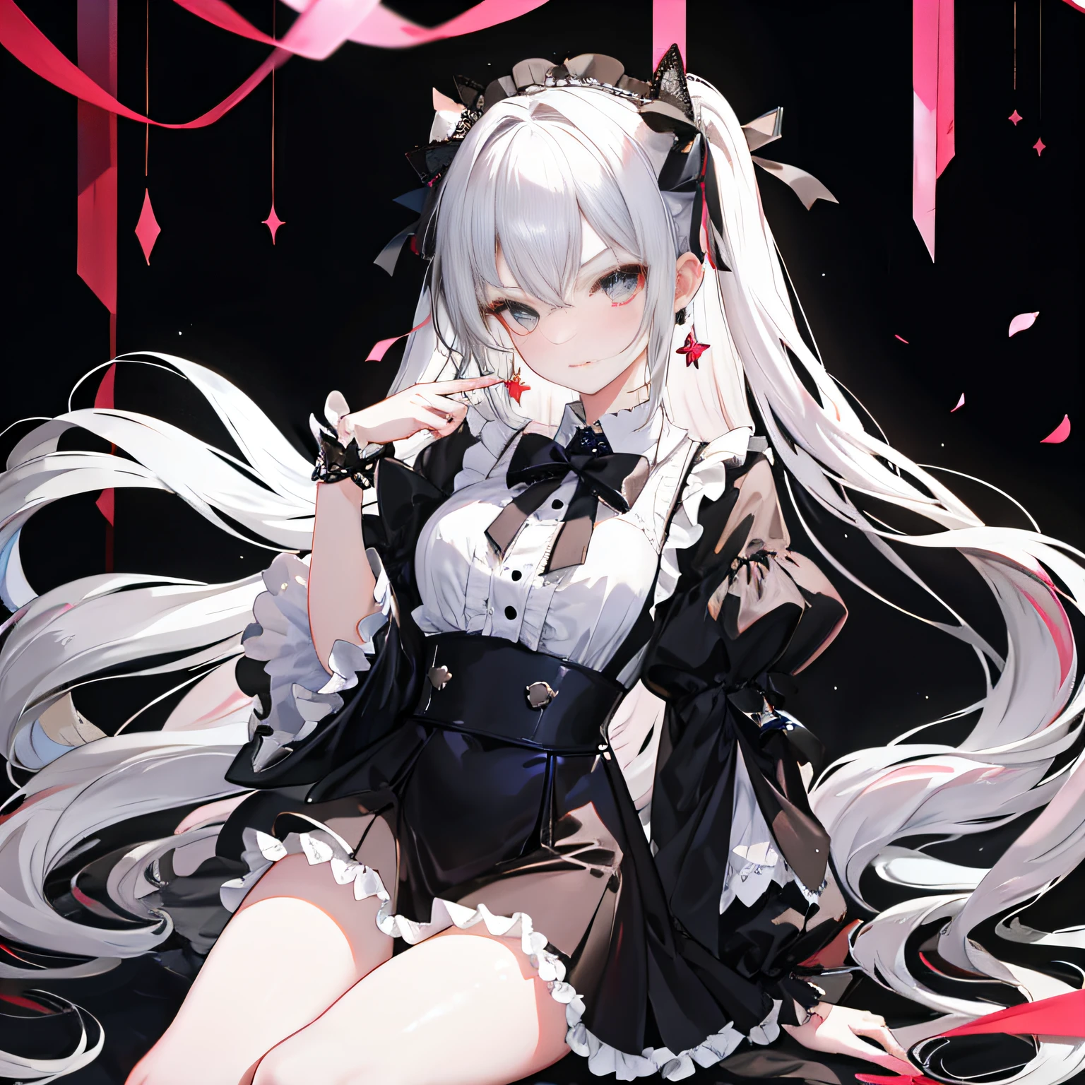 Lolita prostitute，Royal Sister，afloat，flying petal，Floating hair，White complexion、Sharply defined、Slender eyebrows、Deep eyes，Black slim-fit long-sleeved shirt、Black Lolita、high-waist、obi strip、black over-the-knee socks、Silver-toned earrings，lace legwear、tigh-high boots、trinkets、hair adornments、neck chain、Bracelet，Falling streamers and debris，mystical ambiance。Masterpiece, Best quality, Refined face，ssmile, 8K, A high resolution, Super resolution,absurderes, A high resolution, Ultra detailed, elegant flourishes, and a sense of craftsmanship and skill,