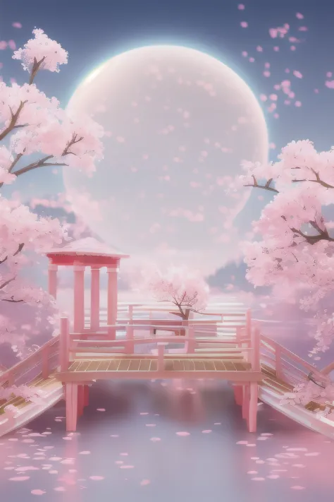 there is a bridge across the body of water, cherry blossom forest, pink zen style, cherry blossoms falling, cherry blossom trees...