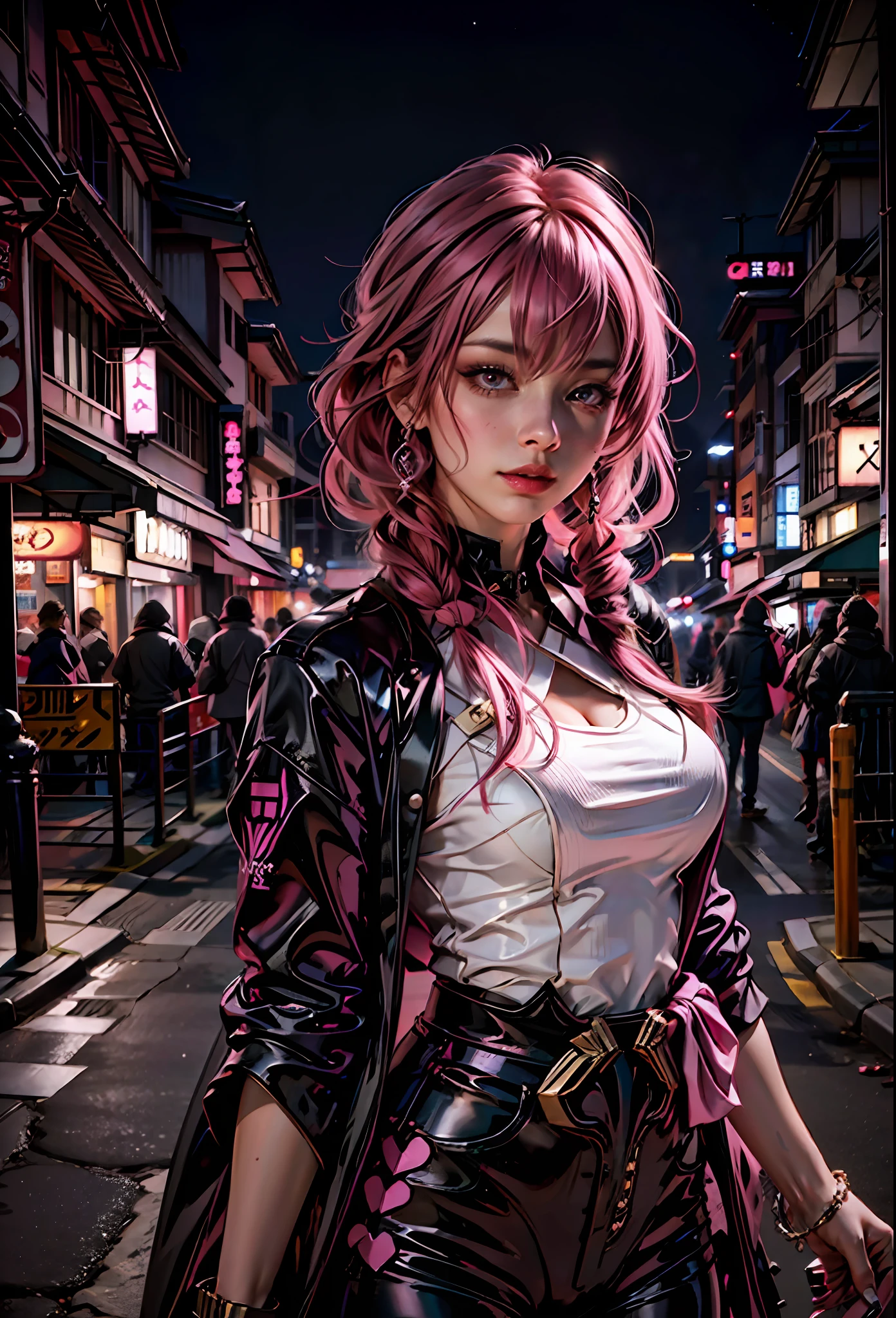 Chica sexy con el pelo rosa, Ojos rosados , atuendo revelador, al fondo la ciudad japonesa de noche,al lado de un Lamborghini