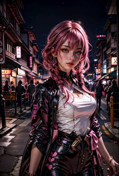 Sexy girl with pink hair, pink eyes , Revealing clothes, in the background japanese city at night,next to a lamborghini