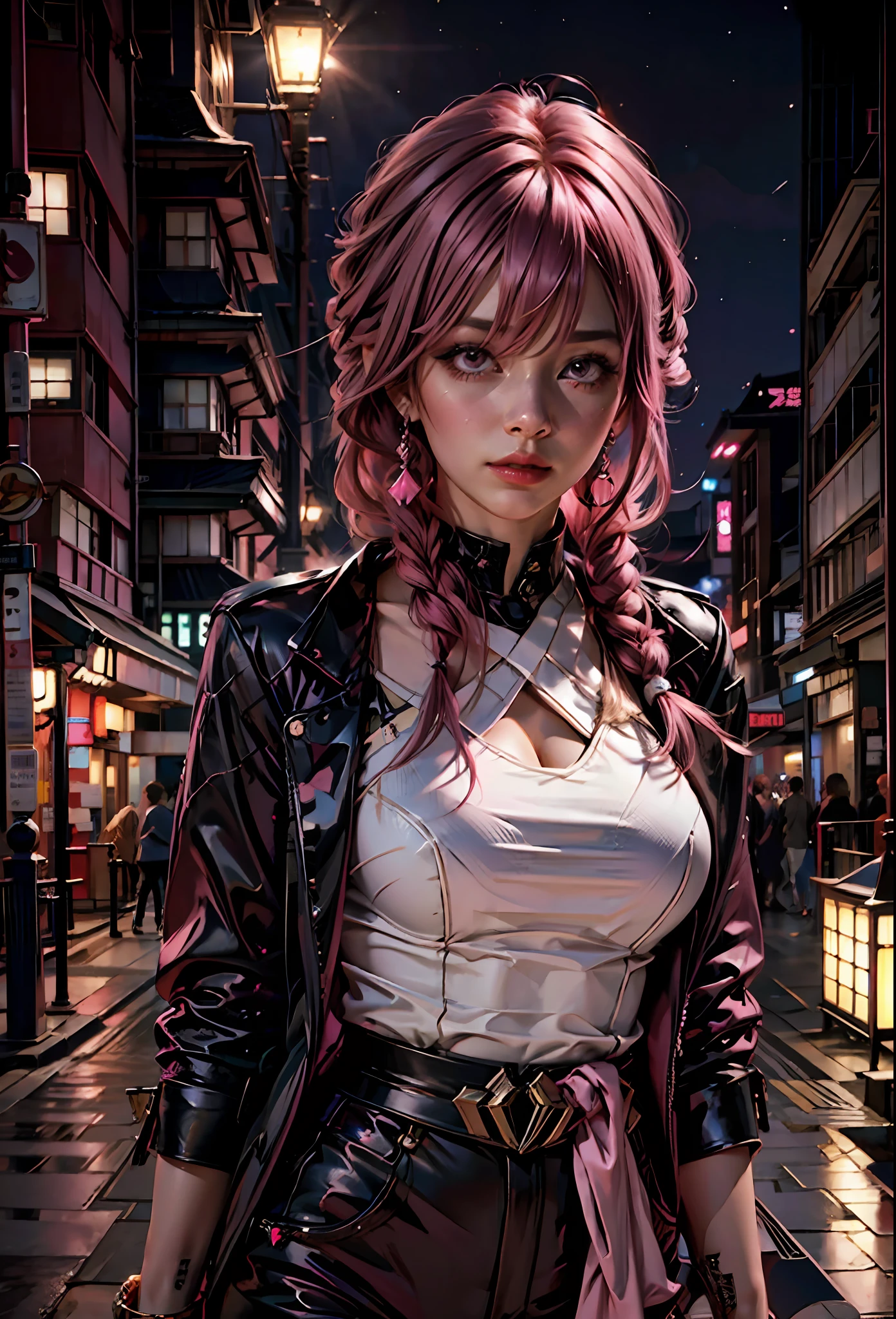 Chica sexy con el pelo rosa, Ojos rosados , atuendo revelador, al fondo la ciudad japonesa de noche,al lado de un Lamborghini