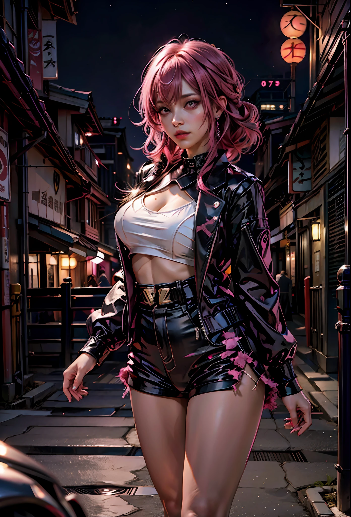 분홍색 머리를 가진 섹시한 소녀, 분홍색 눈 , 노출이 심한 옷, 밤에 일본 도시를 배경으로,람보르기니 옆에
