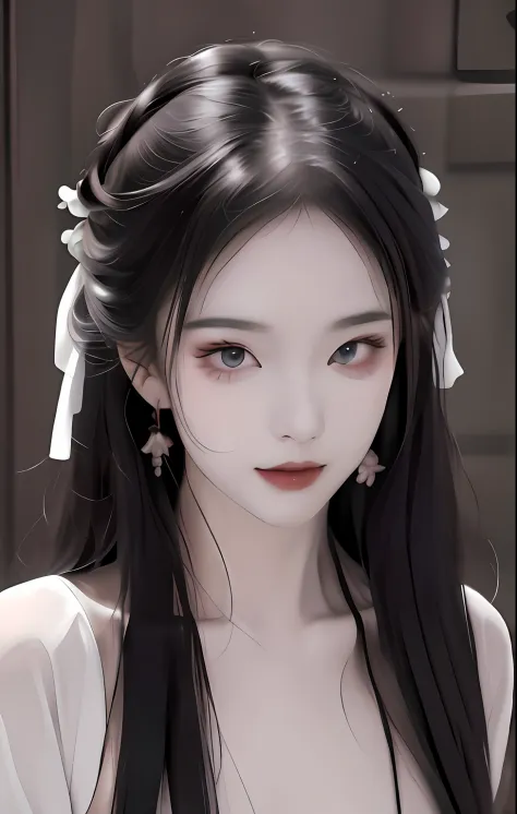 Anime girl with long black hair and white dress，There are white flowers on the hair, Guviz-style artwork, Guviz, in the art style of bowater, Realistic anime 3 D style, a beautiful anime portrait, realistic art style, Kawaii realistic portrait, Realistic. ...