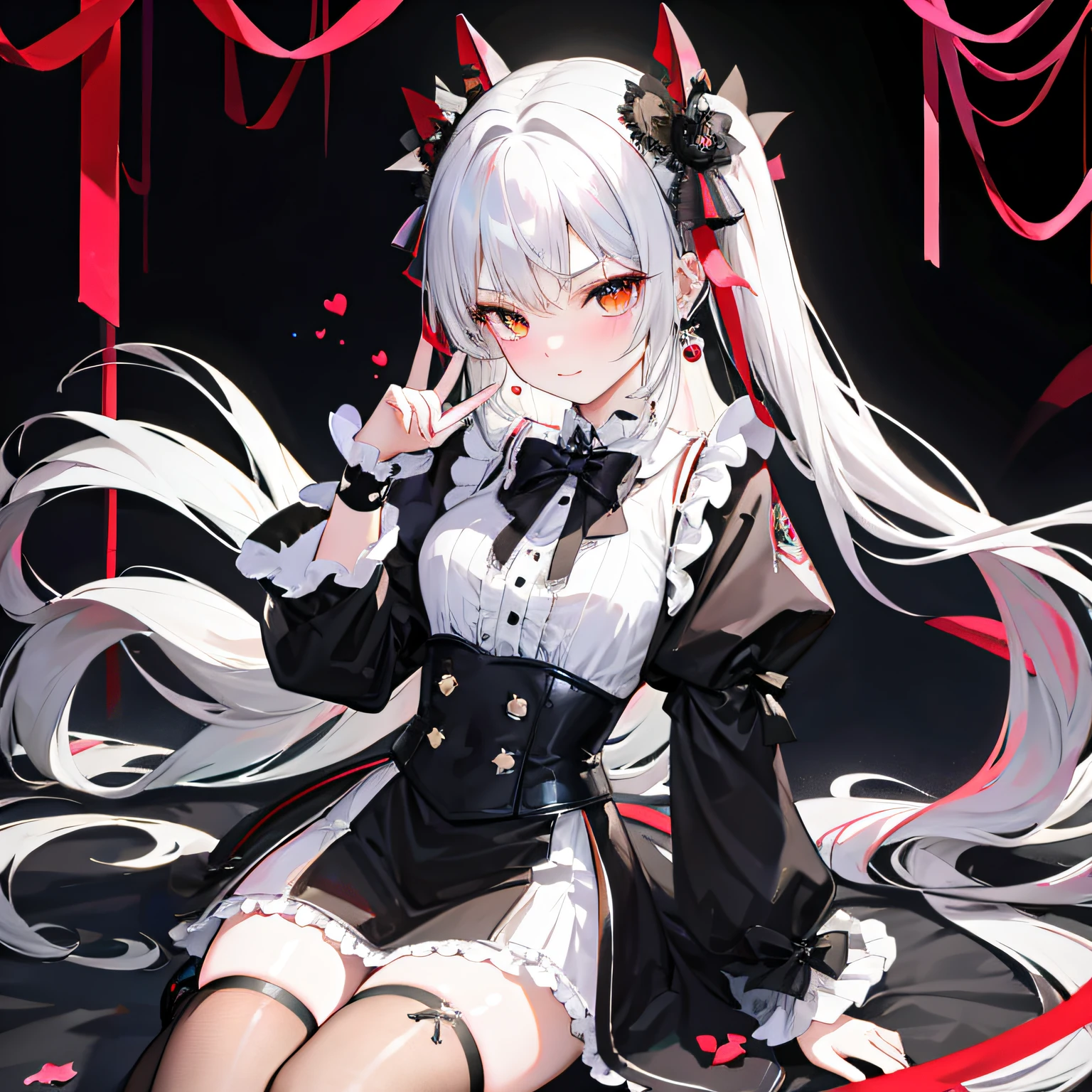 Lolita prostitute，Royal Sister，afloat，flying petal，Floating hair，White complexion、Sharply defined、Slender eyebrows、Deep eyes，Black slim-fit long-sleeved shirt、Black Lolita、high-waist、obi strip、black over-the-knee socks、Silver-toned earrings，lace legwear、tigh-high boots、trinkets、hair adornments、neck chain、Bracelet，Falling streamers and debris，mystical ambiance。Masterpiece, Best quality, Refined face，ssmile, 8K, A high resolution, Super resolution,absurderes, A high resolution, Ultra detailed, elegant flourishes, and a sense of craftsmanship and skill,