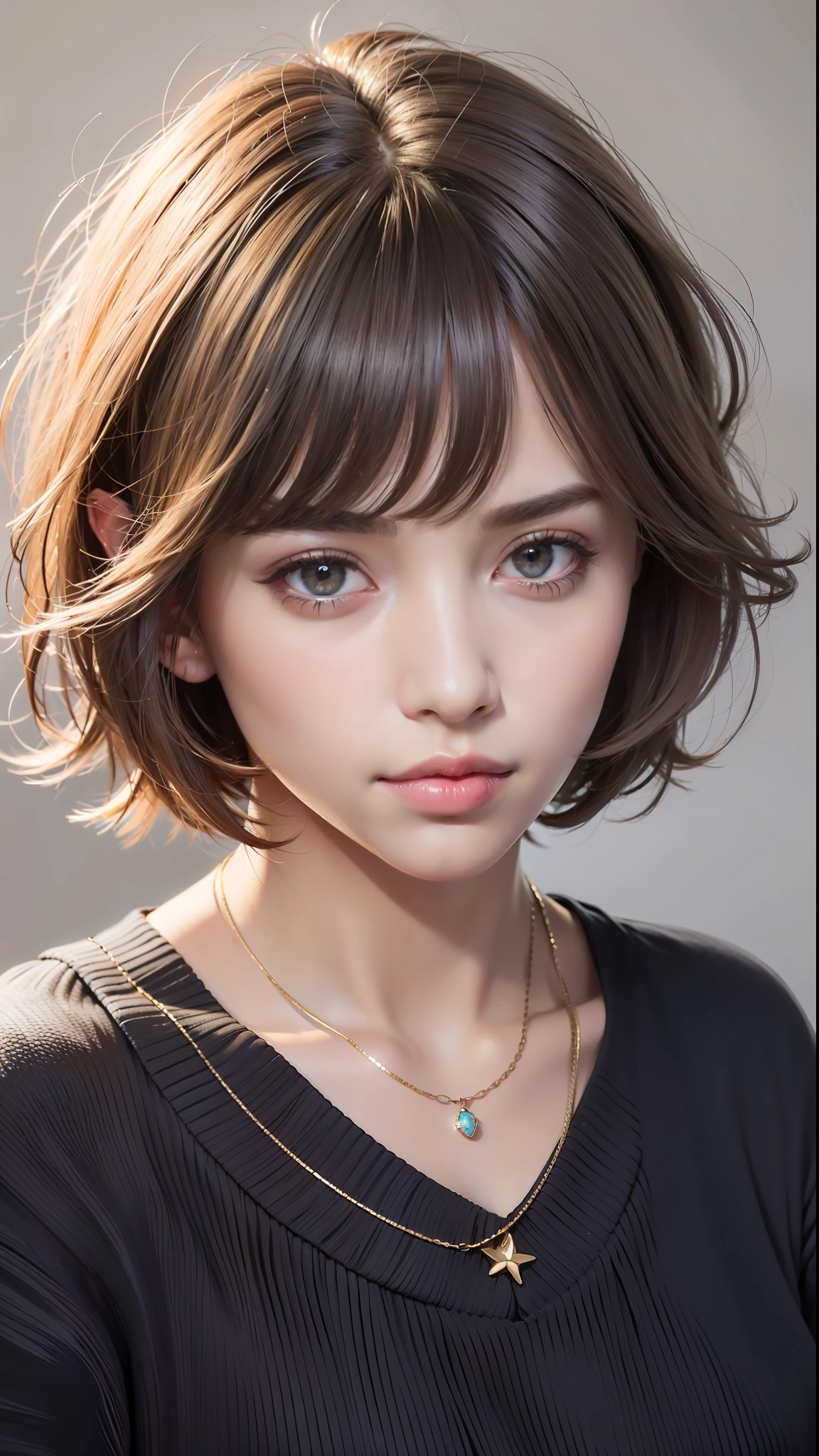 (Best quality, 8k, 32k, masterpiece, UHD: 1.2), photo of a pretty American woman, very short bob hair, upper body, facial focus, black oversized_sweater, necklace, simple background, from above, looking at the viewer,