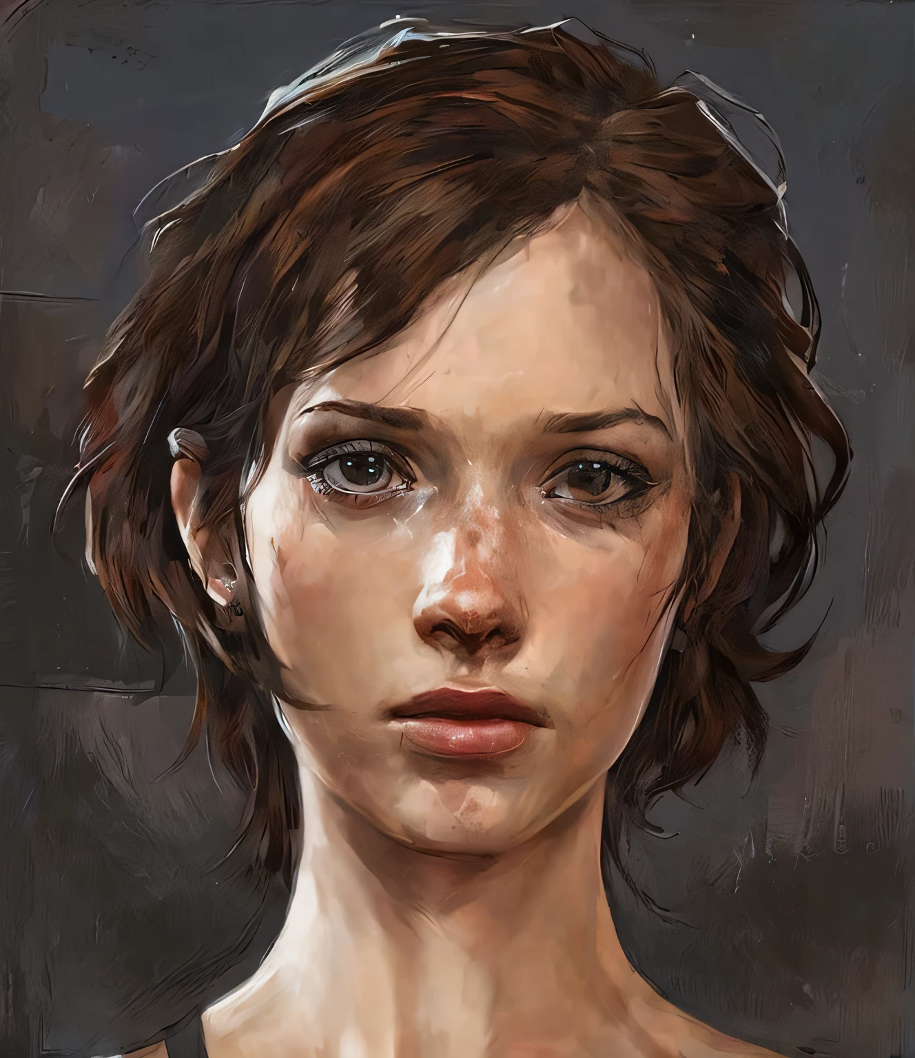 pintura de uma mulher com um olhar triste em seu rosto, retrato de personagem pintado, retrato da arte do personagem, Ellie (last of us), retrato feminino realista, retrato detalhado do caractere, retrato de personagem de closeup, arte do retrato do personagem, Ellie, The Last of Us, retrato da arte do conceito do personagem, retrato humanoide, retrato do conceito do personagem, Epic portrait illustration, retrato pintado centrado no lado