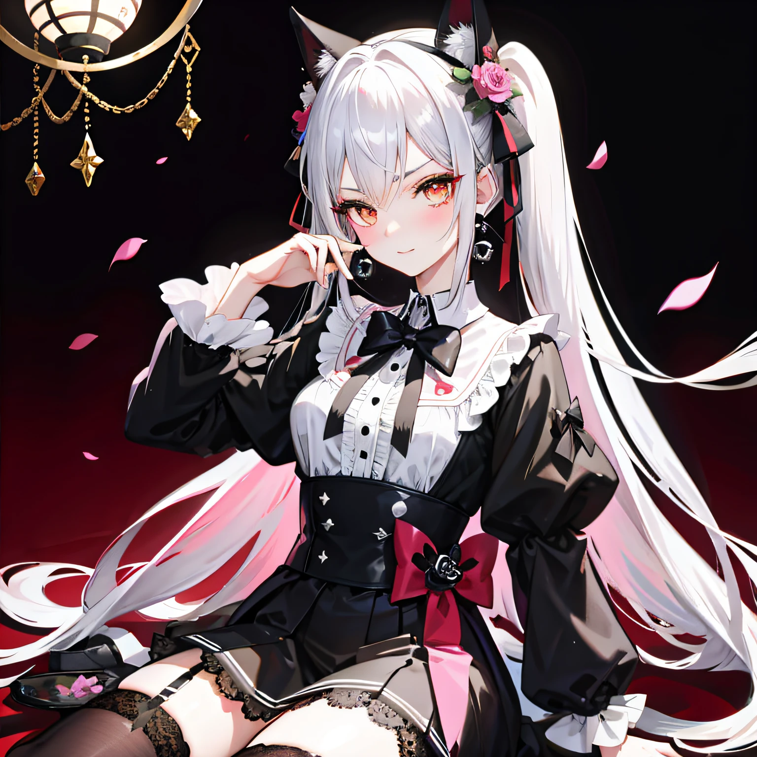 Lolita prostitute，Royal Sister，afloat，flying petal，Floating hair，White complexion、Sharply defined、Slender eyebrows、Deep eyes，Black slim-fit long-sleeved shirt、Black Lolita、high-waist、obi strip、black over-the-knee socks、Silver-toned earrings，lace legwear、tigh-high boots、trinkets、hair adornments、neck chain、Bracelet，Falling streamers and debris，mystical ambiance。Masterpiece, Best quality, Refined face，ssmile, 8K, A high resolution, Super resolution,absurderes, A high resolution, Ultra detailed, elegant flourishes, and a sense of craftsmanship and skill,