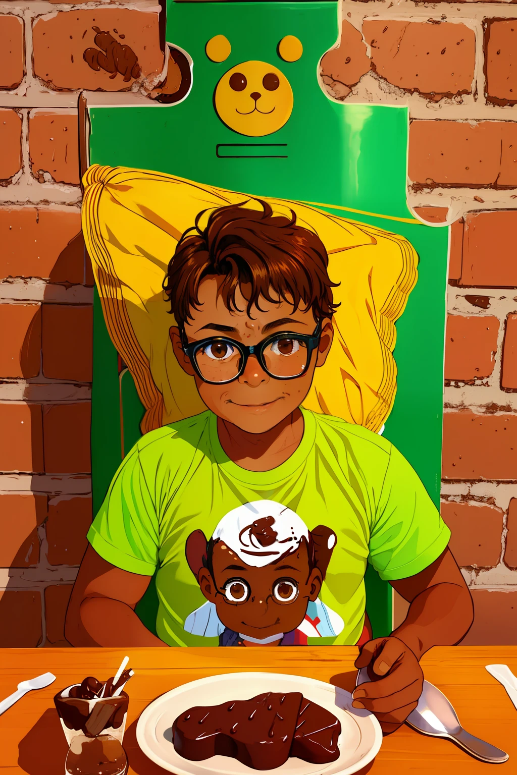 "((best quality)), ((master part)), ((desenhos animados realistas)), ((Personagem perfeito)) - An exciting and playful portrait of a 10-year-old boy wearing glasses, seu ((rosto coberto de chocolate))). The mischievous child is happy indulging in the sweet, criando uma cena encantadora e deliciosa. The image is meticulously detailed, capturing every aspect of the boy's innocent and joyful expression, bem como a textura das (((manchas de chocolate))). Presented in stunning 8K UHD resolution, This realistic and captivating portrait really brings to life the happiness and joviality of the little one enjoying his chocolate adventure."

eyelevel, Scenic, master part