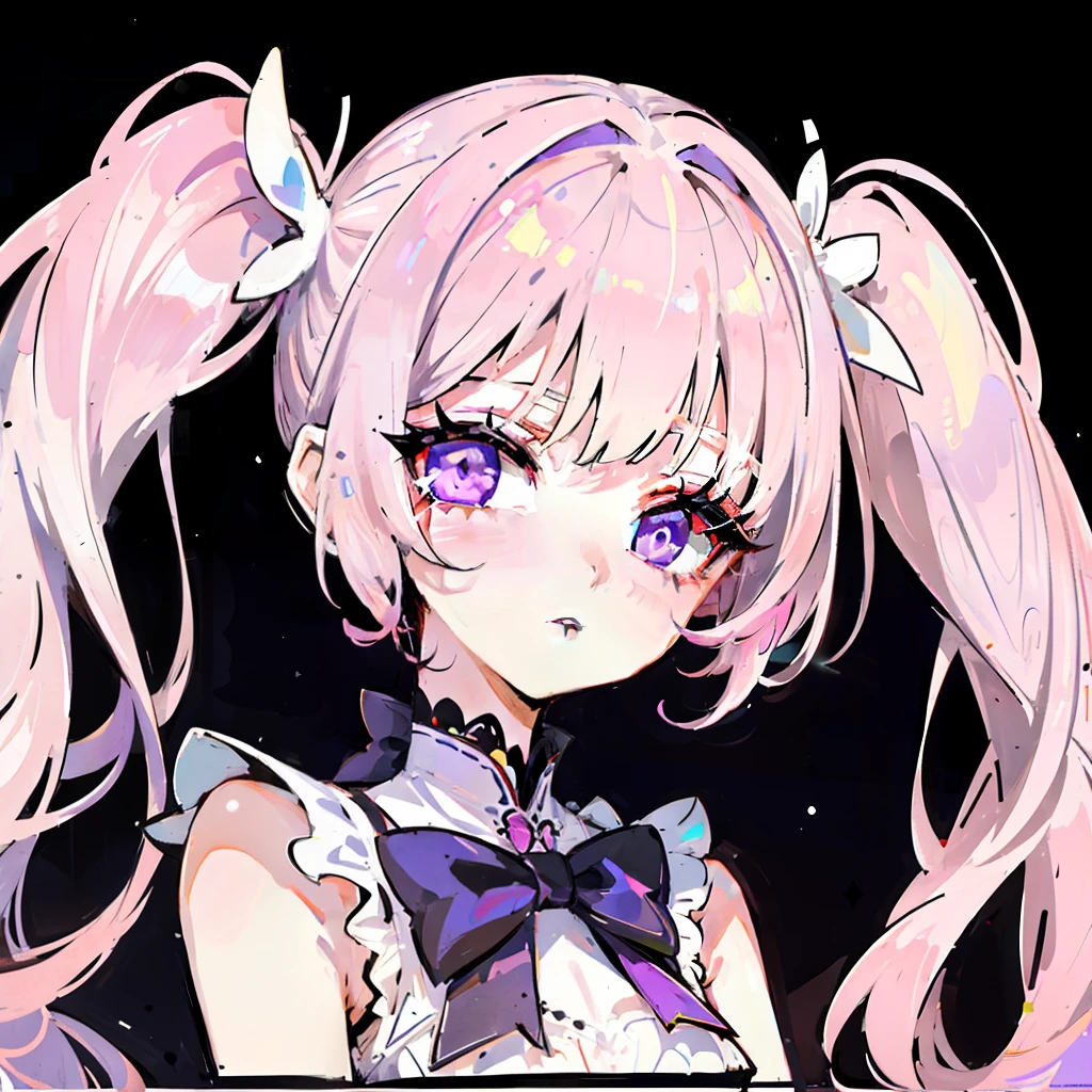 1girl, extremely+beautiful+detailed_face, extremely+beautiful+detailed_eyes, upper body, close-up, cyberpunk background, sketch, flat color, bright_pink_curly_pigtails, purple_eyes, white_bow, white_shoes, black_dress, performing_concert.