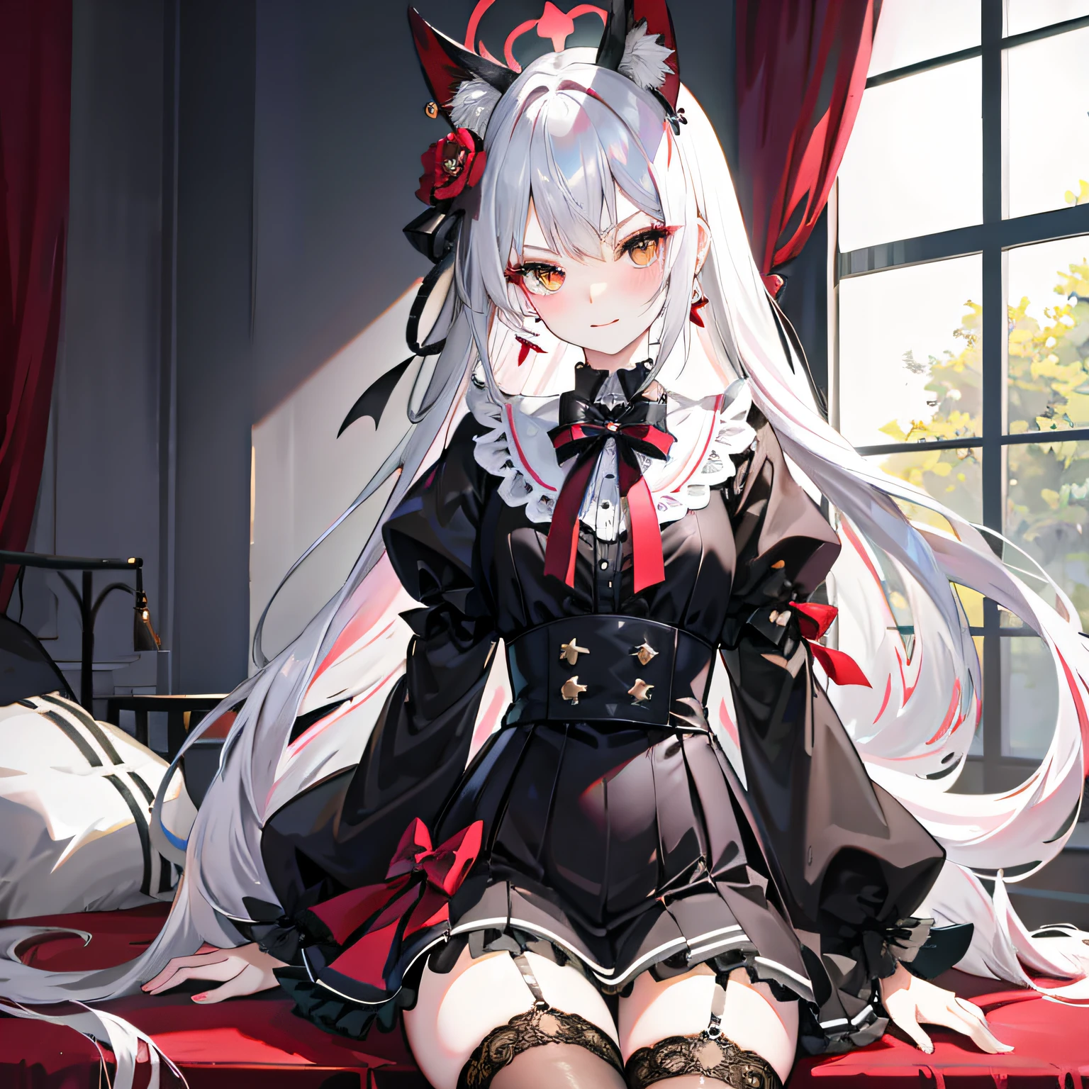 Lolita prostitute，Royal Sister，afloat，flying petal，Floating hair，White complexion、Sharply defined、Slender eyebrows、Deep eyes，Black slim-fit long-sleeved shirt、Black Lolita、high-waist、obi strip、black over-the-knee socks、Silver-toned earrings，lace legwear、tigh-high boots、trinkets、hair adornments、neck chain、Bracelet，Falling streamers and debris，mystical ambiance。Masterpiece, Best quality, Refined face，ssmile, 8K, A high resolution, Super resolution,absurderes, A high resolution, Ultra detailed, elegant flourishes, and a sense of craftsmanship and skill,