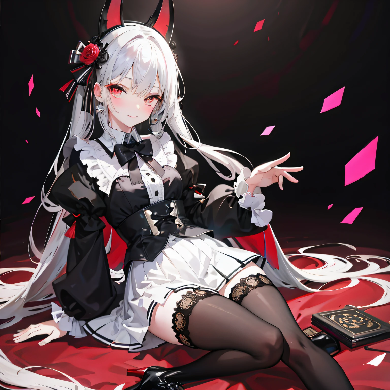 Lolita prostitute，Royal Sister，afloat，flying petal，Floating hair，White complexion、Sharply defined、Slender eyebrows、Deep eyes，Black slim-fit long-sleeved shirt、Black Lolita、high-waist、obi strip、black over-the-knee socks、Silver-toned earrings，lace legwear、tigh-high boots、trinkets、hair adornments、neck chain、Bracelet，Falling streamers and debris，mystical ambiance。Masterpiece, Best quality, Refined face，ssmile, 8K, A high resolution, Super resolution,absurderes, A high resolution, Ultra detailed, elegant flourishes, and a sense of craftsmanship and skill,