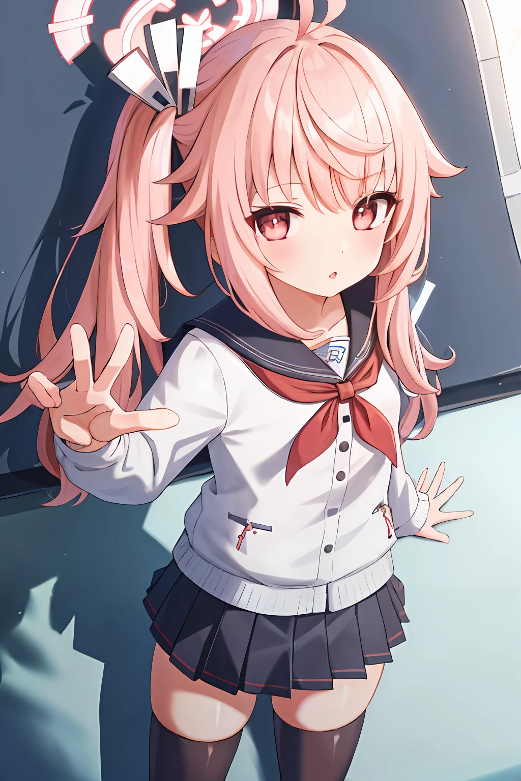 1girl, natsu,pink hair, halo, ahoge,side ponytail, long hair,ahoge,hair ornament,
long hair,long sleeves,sailor collar,school uniform,serafuku,skirt,thighhighs,black thighhighs,red neckerchief,
(dynamic pose,:1.3),from above,