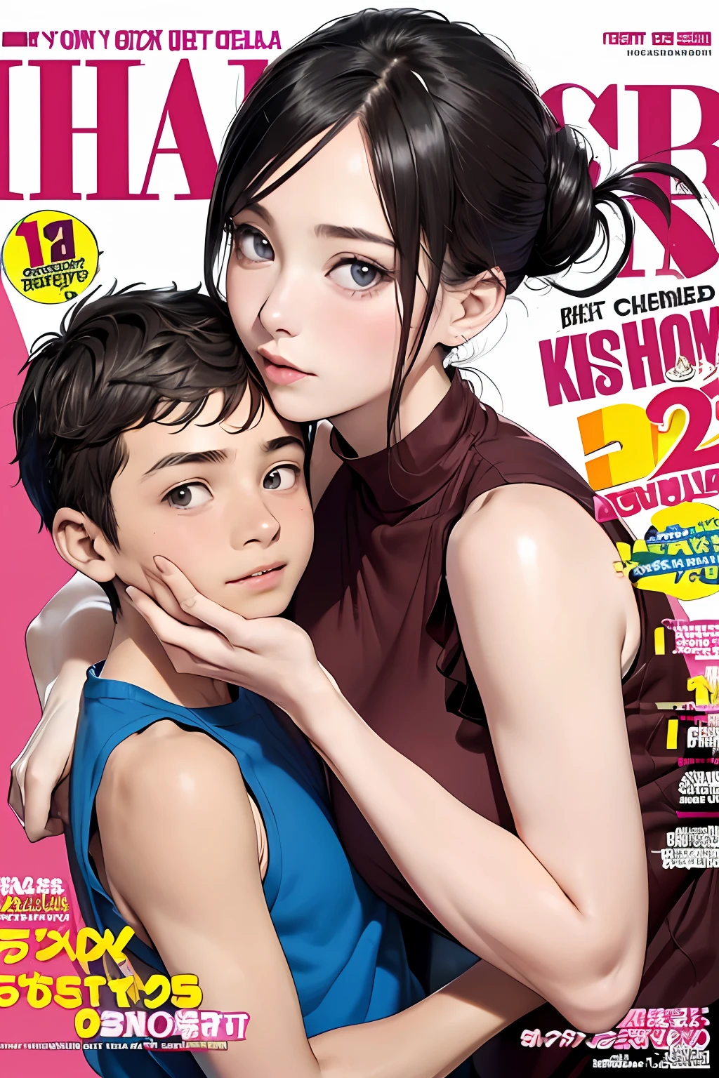 (colorful adult Magazine cover with lots of text)，(close-up:1.2)，pajamas， 1girl，Grasp by hand，(mother and son:1.5)，(kiss:1.2)，(A ten-year-old boy:1.4)，(hug)，(1boys:1.6)，{26-year-old lactating woman},drunken eyes,Side Chest,open at the chest,disproportionate breasts, Nipples standing up,sweat,((Sleeveless,sensual low-necked , open neckline:1.3)),{hairbuns，Women's hairstyle}, (areola:1.4)，Ultra-fine face, detailed eye, Double-fold eyelids，ssmile，pervert