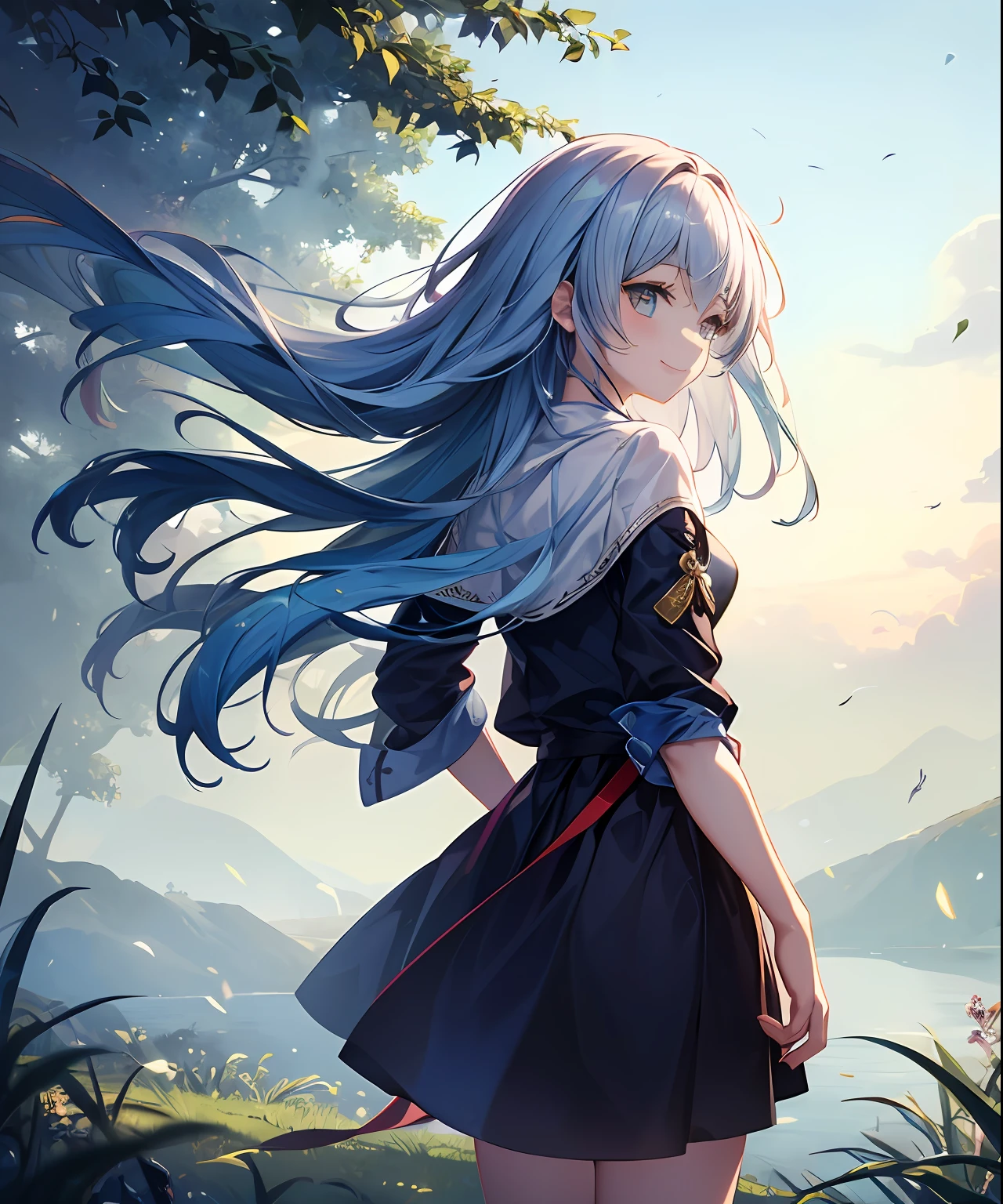 (​masterpiece、top-quality)、frontage、独奏、1girl in、lightly dressed、is standing、Hands folded behind your back、amidst nature、A smile、The long-haired、Blue hair、Hair flutters in the wind、with light glowing、Windy、Adult、