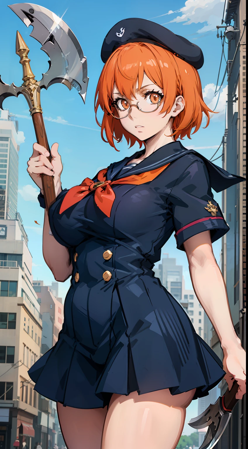 grand . Lunettes. Yeux oranges. cheveux roux. Uniforme de marin. Fille magique. L&#39;arme est une hache. fille animée. cheveux courts. Casquette de marin. yeux de style anime. Visuel clé de l&#39;anime. Élève parfait. seulement.