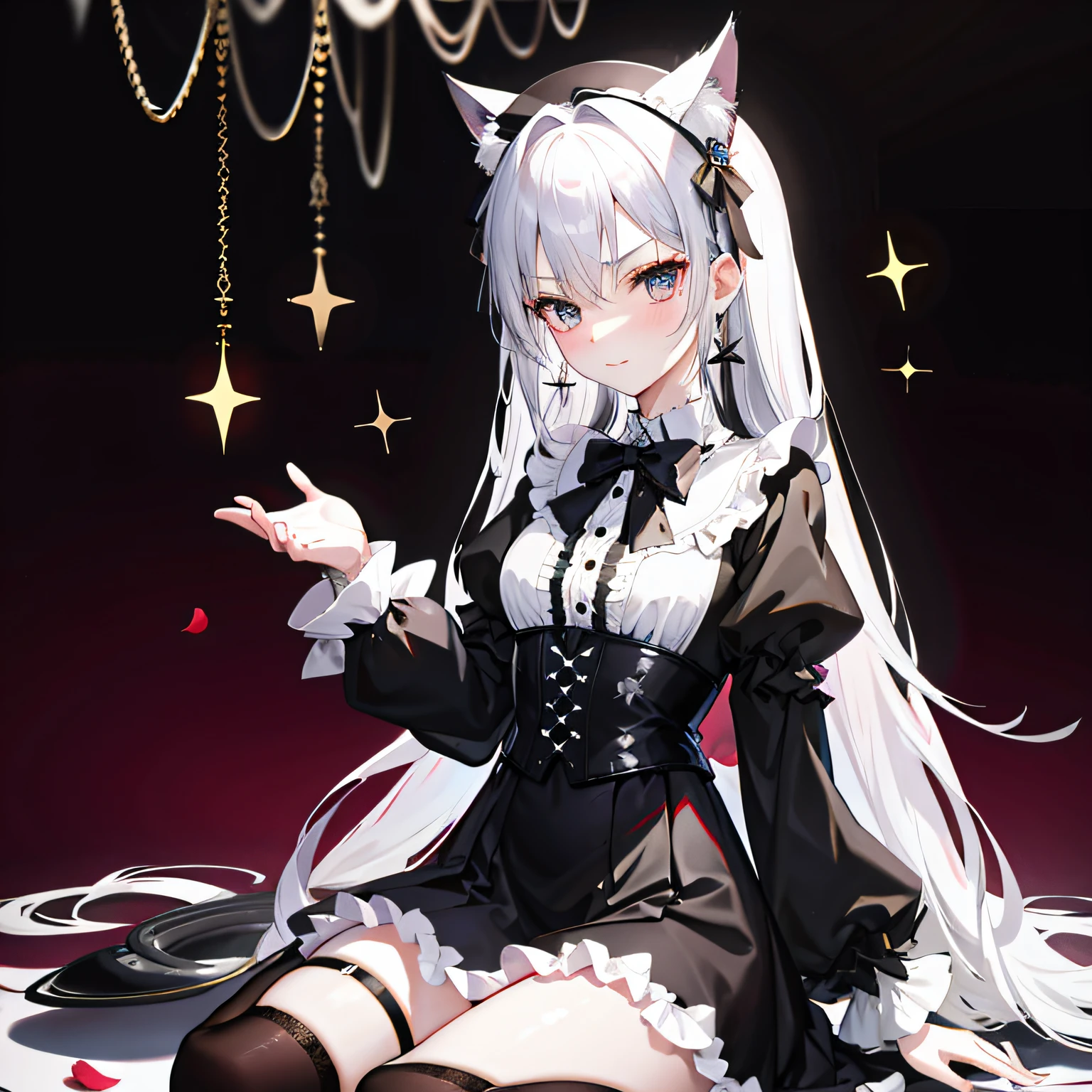 Lolita prostitute，Royal Sister，afloat，flying petal，Floating hair，White complexion、Sharply defined、Slender eyebrows、Deep eyes，Black slim-fit long-sleeved shirt、Black Lolita、high-waist、obi strip、black over-the-knee socks、Silver-toned earrings，lace legwear、tigh-high boots、trinkets、hair adornments、neck chain、Bracelet，Falling streamers and debris，mystical ambiance。Masterpiece, Best quality, Refined face，ssmile, 8K, A high resolution, Super resolution,absurderes, A high resolution, Ultra detailed, elegant flourishes, and a sense of craftsmanship and skill,