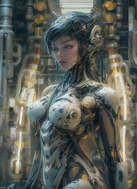 Top Quality, Masterpiece, Ultra High Resolution, ((Photorealistic: 1.4), Raw Photo, 1 cyberpunk android Girl, ((portrait)), Glossy Skin, (Ultra Realistic Details)), mechanical limbs, tubes connected to the mechanical parts, mechanical vertebrae attached to...