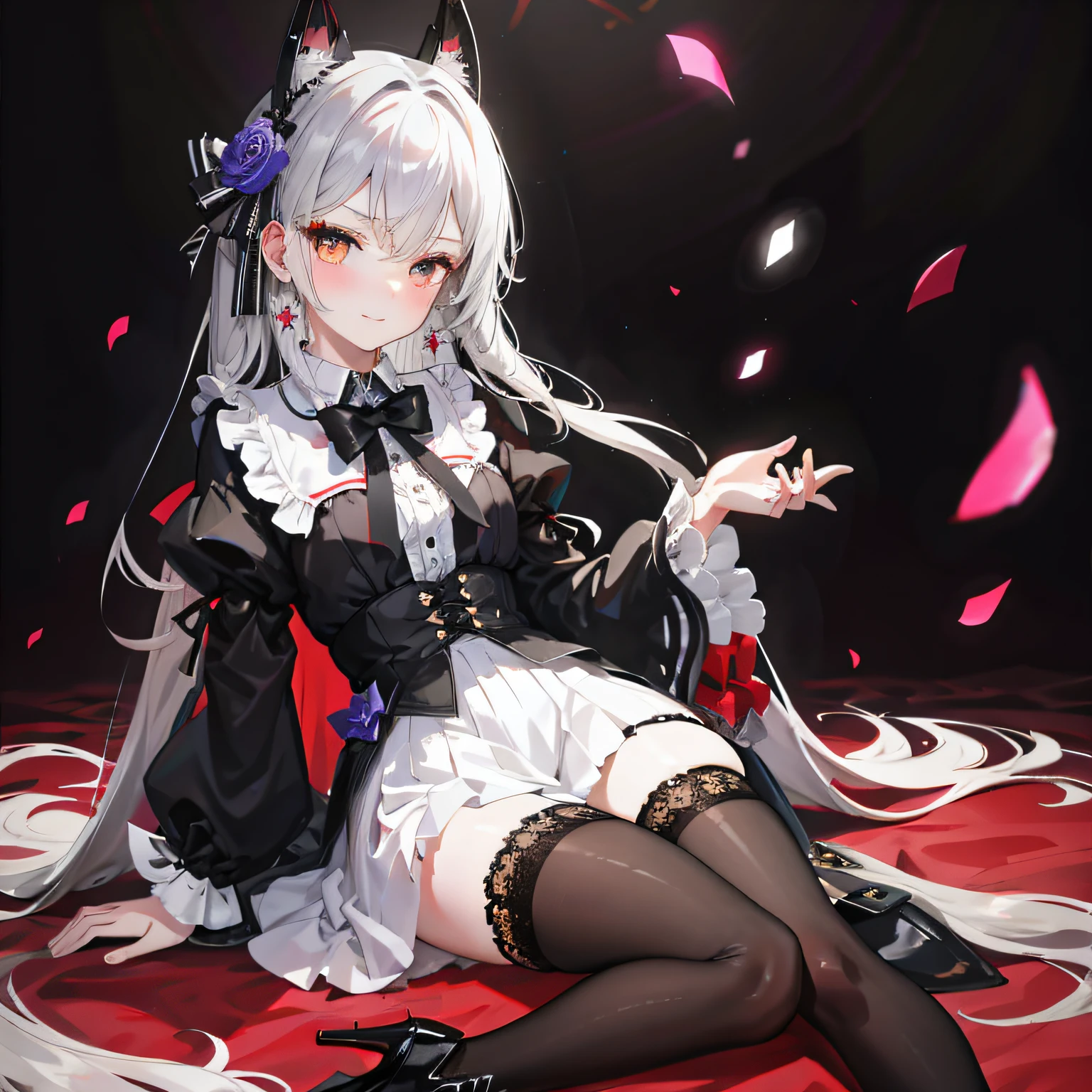 Lolita prostitute，Royal Sister，afloat，flying petal，Floating hair，White complexion、Sharply defined、Slender eyebrows、Deep eyes，Black slim-fit long-sleeved shirt、Black Lolita、high-waist、obi strip、black over-the-knee socks、Silver-toned earrings，lace legwear、tigh-high boots、trinkets、hair adornments、neck chain、Bracelet，Falling streamers and debris，mystical ambiance。Masterpiece, Best quality, Refined face，ssmile, 8K, A high resolution, Super resolution,absurderes, A high resolution, Ultra detailed, elegant flourishes, and a sense of craftsmanship and skill,