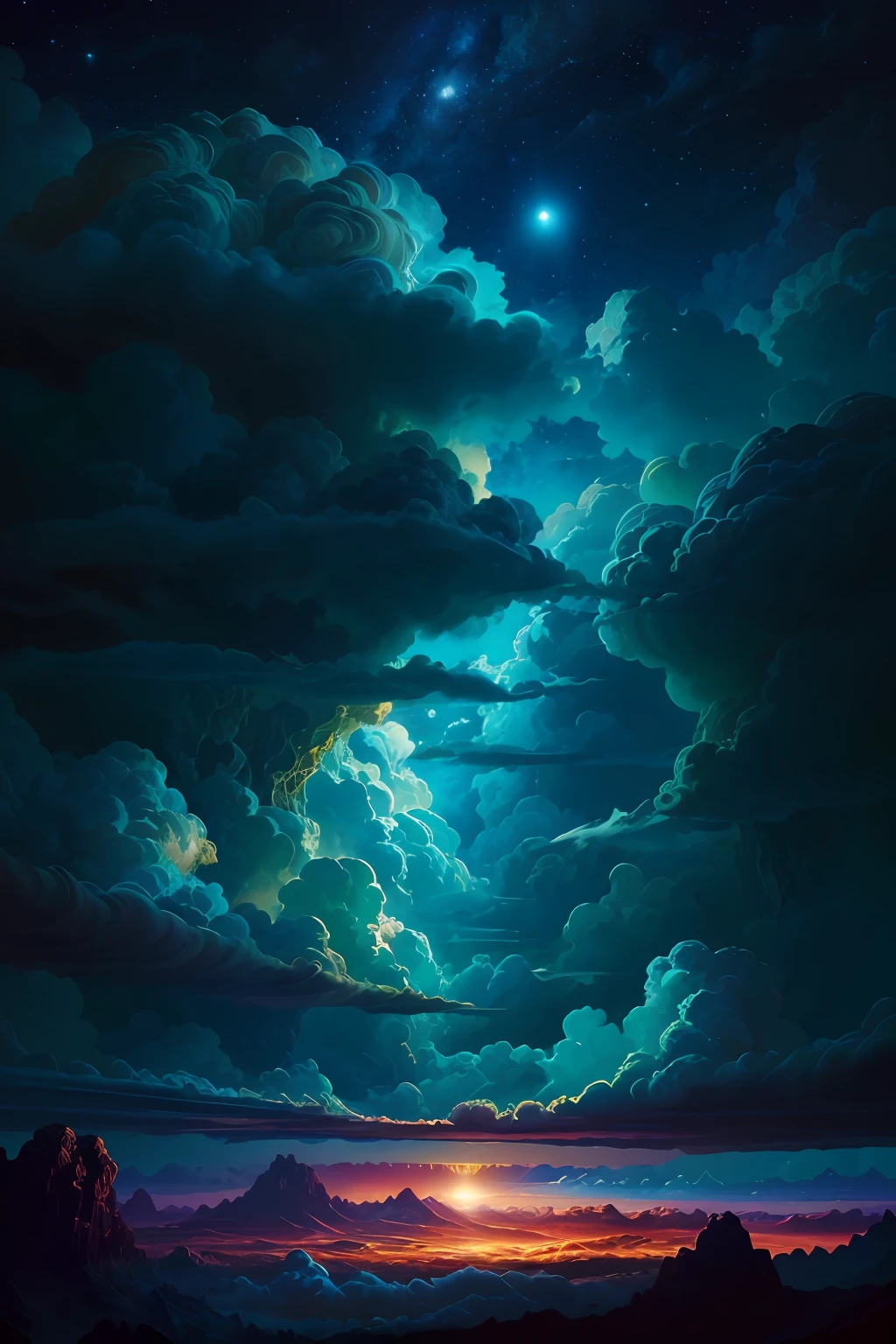 Illustration der Jupiterwolken von Dan Mumford, fremde Landschaft und Vegetation, epische Szene, viele wirbelnde Wolken, hohe Belichtung, sehr detailliert, Realistisch, lebendige blau getönte Farben, uhd
