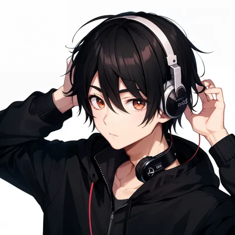 1boy，black hair，黑the eye，with headphones on