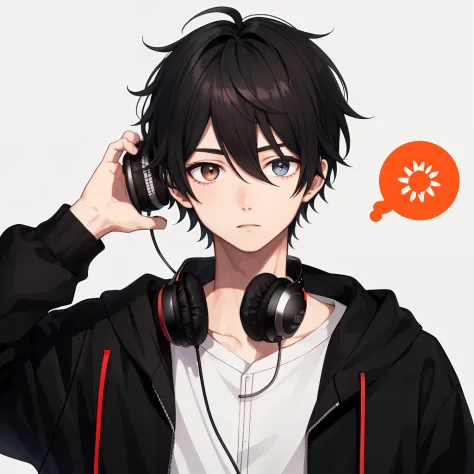 1boy，Black hair，黑The eye，with headphones on