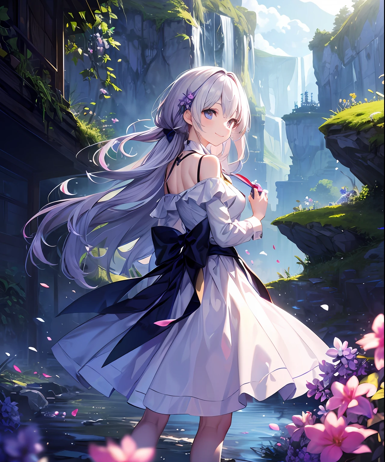 (​masterpiece、top-quality)、frontage、独奏、1girl in、lightly dressed、is standing、Hands folded behind your back、amidst nature、A smile、The long-haired、Lilac hair、Hair flutters in the wind、with light glowing、Windy、Adult、