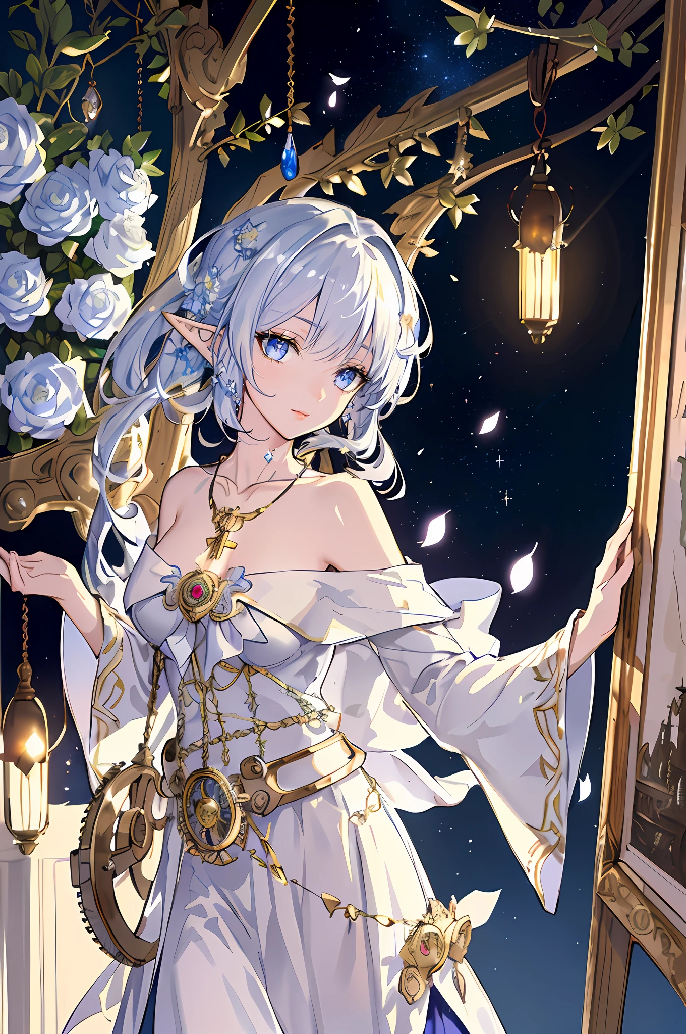 art by Cornflower, dreamy, ((extremely detailed CG unity 8k wallpaper),(masterpiece), (best quality), (ultra-detailed), (best illustration),(best shadow), (an extremely delicate and beautiful), dynamic angle, floating, finely detail, (bloom), (shine), glinting stars, classic, (painting), (sketch), Taisho steampunk, (steampunk:1.2)), full body, 1girl,portrait, elf, pointy ears, priestess, fantasy,glistening skin, crystal, jewelry, necklace, flower, eyelashes, collarbone, beautiful, detailed eyes, shiny lips, looking at viewer, forest (masterpiece, high quality:1.2) bloom, ambient occulsion