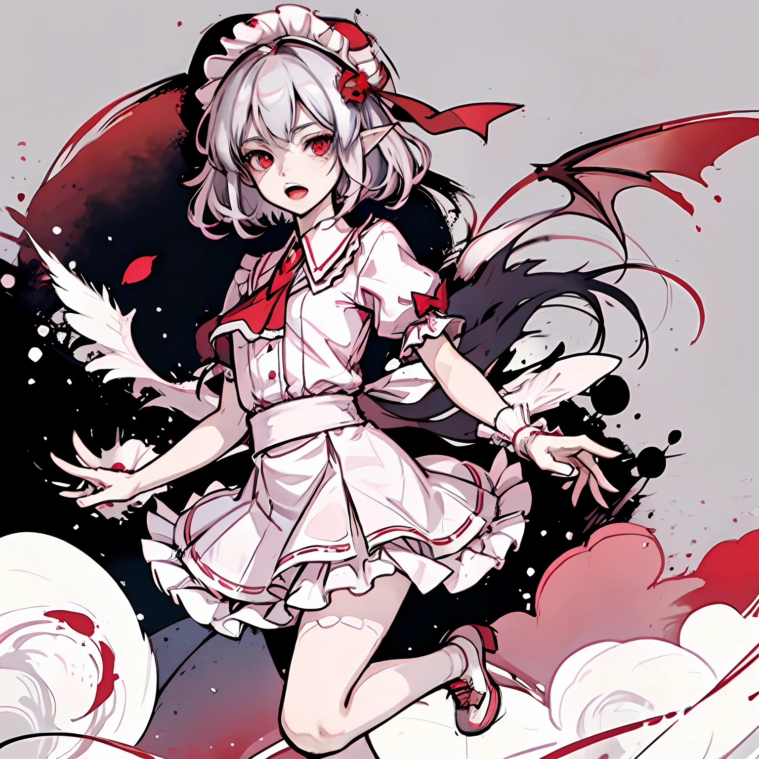 + (Remilia Scarlet: 1.4), (Masterpiece), (best quality), soft light, warm color, ((Super detail)), (illustration), (extremely delicate and beautiful), dynamic Angle, float, (beautiful detail eyes), (Detail Light), 1 girl
Hat, Solo, gems, frilly, ribbon, clean legs, 12 year old girl, cute little leather shoes, bow, bangs, shirt, skirt, big red bow on back, nails, standing, red eyes, short sleeves, open mouth, puffy sleeves, silver hair, pointed ears, puffy short sleeves, looking at the audience, (White frilly nightcap :1.3), short hair, Light pink dress, red nails, red tie, floral background, romantic background, ++(little devil wings on hips)++