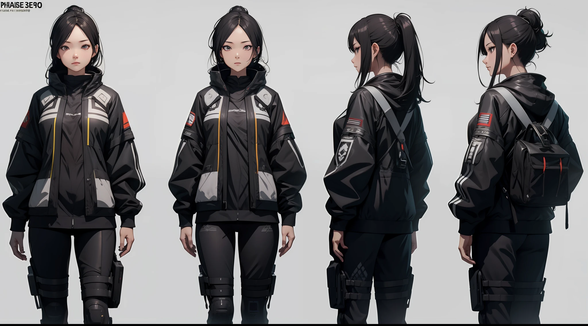 （CharacterDesignSheet，Same character，identical outfits，frontage，Lateral face，on  back），((best qualtiy)), ((tmasterpiece)), (the detail:1.4), A beautiful cyberpunk female image,hdr（HighDynamicRange）,Ray traching,NVIDIA RTX,Hyper-Resolution,Unreal 5,Subsurface scattering、PBR Texture、post-proces、Anisotropy Filtering、depth of fields、maximum definition and sharpness、Many-Layer Textures、Albedo e mapas Speculares、Surface coloring、Accurate simulation of light-material interactions、perfectly proportions、rendering by octane、Two-colored light、largeaperture、Low ISO、White balance、the rule of thirds、8K raw data、