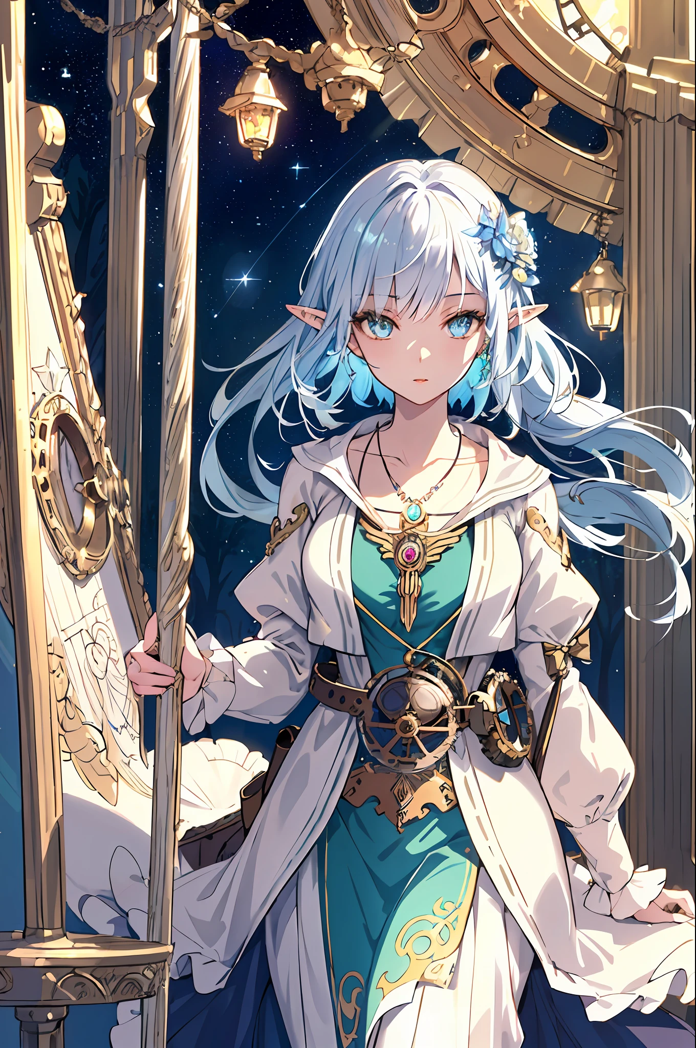 art by Cornflower, dreamy, ((extremely detailed CG unity 8k wallpaper),(masterpiece), (best quality), (ultra-detailed), (best illustration),(best shadow), (an extremely delicate and beautiful), dynamic angle, floating, finely detail, (bloom), (shine), glinting stars, classic, (painting), (sketch), Taisho steampunk, (steampunk:1.2)), full body, 1girl,portrait, elf, pointy ears, priestess, fantasy,glistening skin, crystal, jewelry, necklace, flower, eyelashes, collarbone, beautiful, detailed eyes, shiny lips, looking at viewer, forest (masterpiece, high quality:1.2) bloom, ambient occulsion