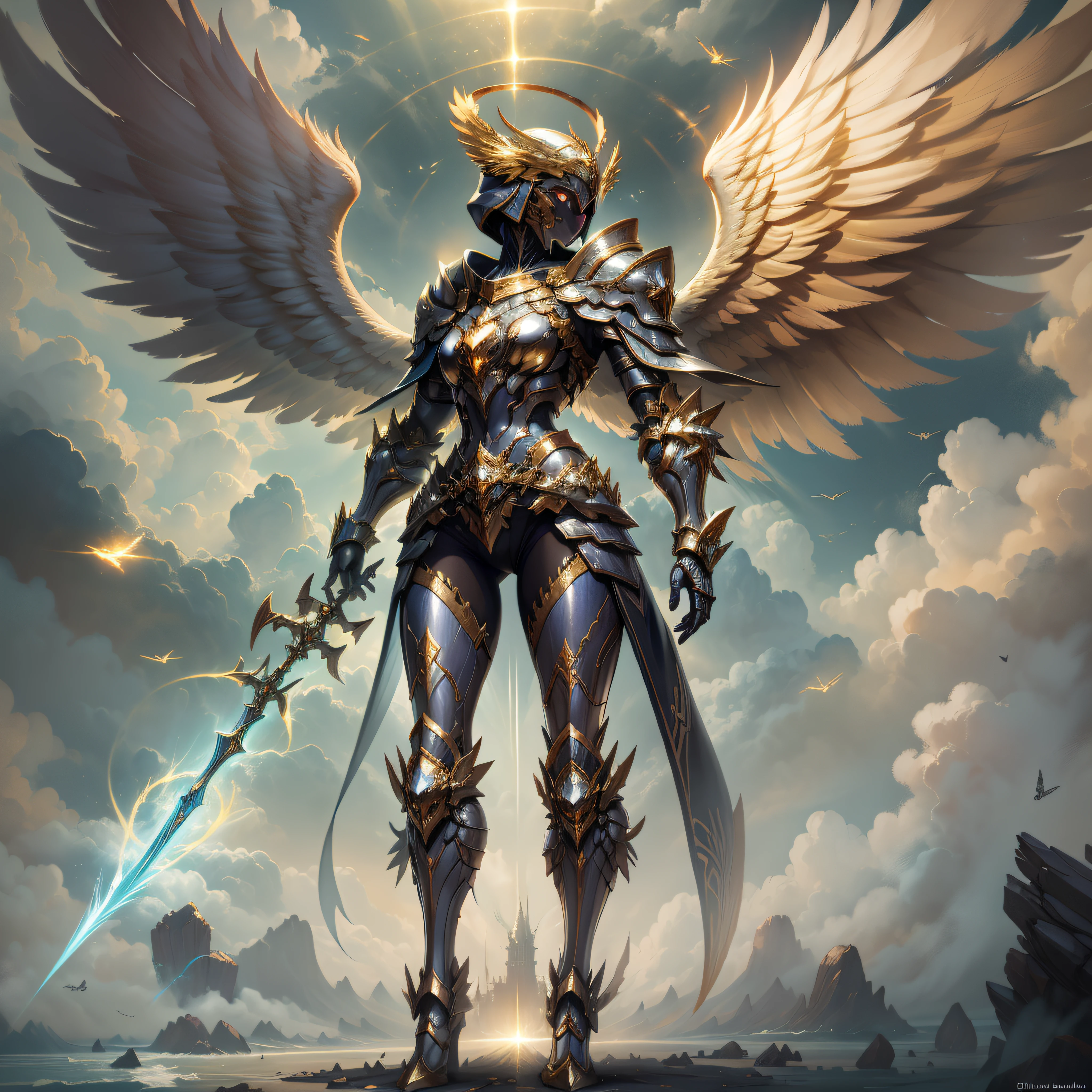 Golden armored angel, wings made of energy, metal halo, no face, hooded, gold, fantasy, concept art, ultra realistic, character art by greg rutkowski