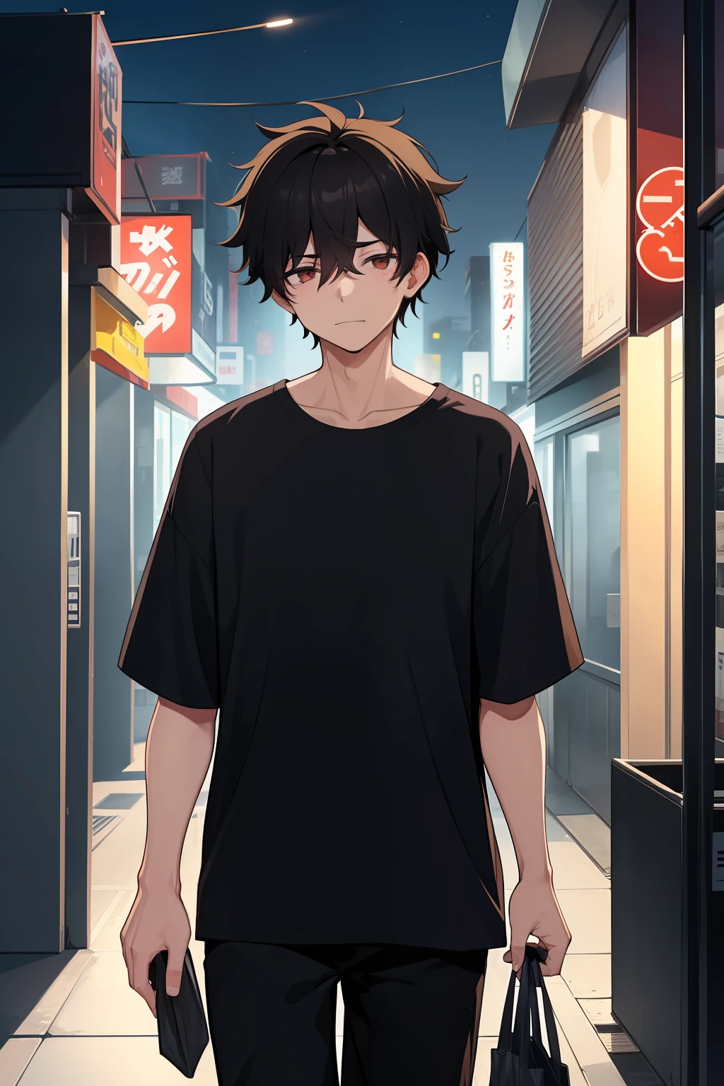 一名男性, 20歲, 劳累过度, 凌亂的黑髮, 黑色襯衫, 携带便利店袋子, 夜间在僻静的城区行走