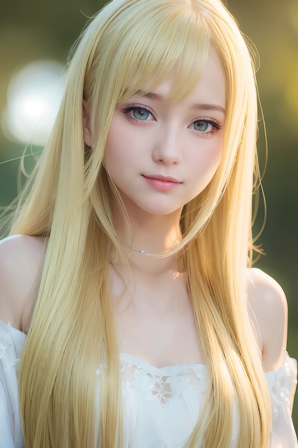 animesque、anime styled、Speciality、Moisturized eyes、Beautiful detailed eyes, (Long hair:1.2),  (8K, Best Quality, masutepiece:1.2), (Realistic, Photorealsitic:1.37), Ultra-detailed, a closeup、portraitures、1 girl, Cute, Yellow hair、Solo, (nose blush),(Smile:1.15),(Closed mouth)