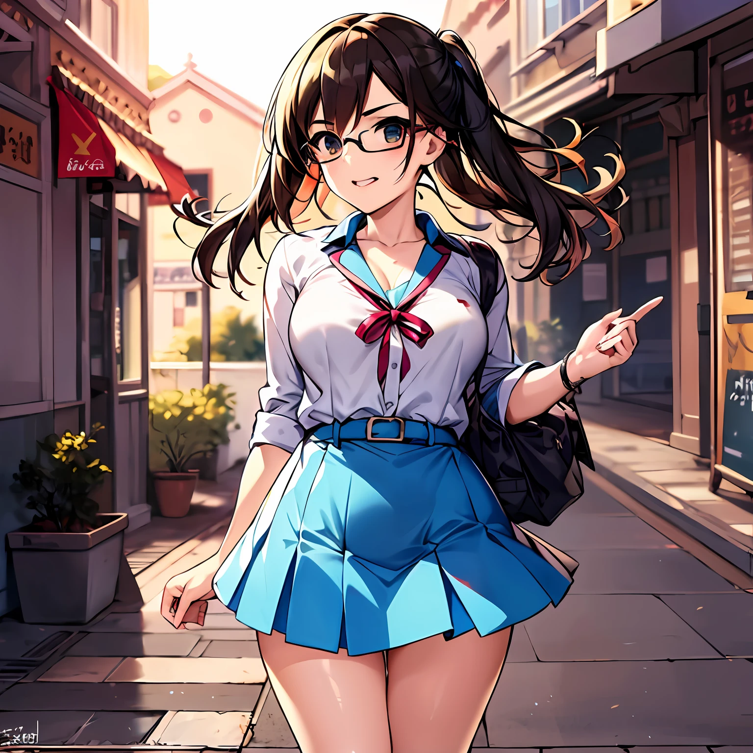 Dans son été , Suzumiya Haruhi était une vision délicieuse alors qu&#39;elle se promenait dans la ville avec un air déterminé et excité.. Sa tenue consistait en un chemisier blanc impeccable à manches courtes., soigneusement rentrée dans une jupe plissée bleu marine qui se balançait doucement à chaque pas qu&#39;elle faisait.

Le soleil d&#39;été illuminait ses cheveux bruns indomptés, qui tombait en cascade sur son dos comme une cascade de teintes chocolatées. Ses queues de cheval emblématiques étaient attachées avec des bandeaux jaune vif., ajouter une touche de couleur à son ensemble. Des mèches de cheveux encadraient son visage, mettant en valeur ses yeux noisette expressifs qui brillaient de détermination et d&#39;une touche de malice.

Derrière ses lunettes à monture carrée, ses yeux se tournèrent avec une curiosité inébranlable, comme si chaque recoin de la ville recelait le potentiel de rencontres extraordinaires. Ses yeux semblaient briller d&#39;excitation, comme dans une aventure passionnante, désireux de découvrir les secrets de l&#39;univers.

Alors qu&#39;elle scrutait son environnement, son regard perspicace rencontrait les yeux des passants, comme si elle cherchait un éclair de reconnaissance, un indice qu&#39;ils pourraient cacher quelque chose d&#39;extraordinaire. Son expression curieuse semblait inciter les gens à s&#39;ouvrir et à partager leurs histoires., comme si elle avait une attraction magnétique qui faisait ressortir les histoires cachées de l&#39;extraordinaire en eux.

Un petit sourire ornait ses lèvres, comme si elle était sur le point de découvrir quelque chose d&#39;extraordinaire à tout moment. Son enthousiasme était contagieux, et ceux qui l&#39;entouraient ne pouvaient s&#39;empêcher d&#39;être emportés par son sentiment d&#39;émerveillement contagieux..

Tandis que la brise d&#39;été caressait doucement ses joues, elle semblait dégager une énergie vibrante qui la distinguait de la foule. Sa posture confiante et la façon dont elle se comportait parlaient d&#39;une fille qui n&#39;avait pas peur de courir après l&#39;impossible., rechercher l&#39;extraordinaire et en faire sa propre réalité.