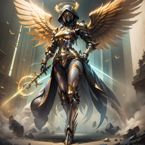 Golden armored angel, wings made of energy, metal halo, no face, hooded, gold, fantasy, concept art, ultra realistic, character ...