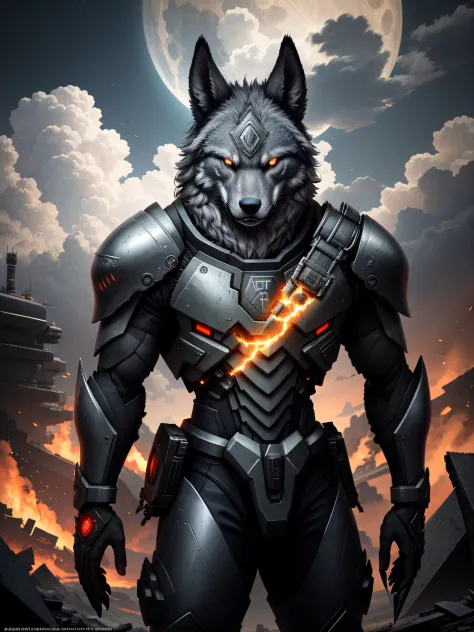 A cybernetic gray werewolf with power armor stands on the roof of the ruined building of the future world with Guan Yu's big knife in his hand, bloody red eyes, The gray werewolf held the Green Dragon Moon Knife in his hand, which was taller than his body,...
