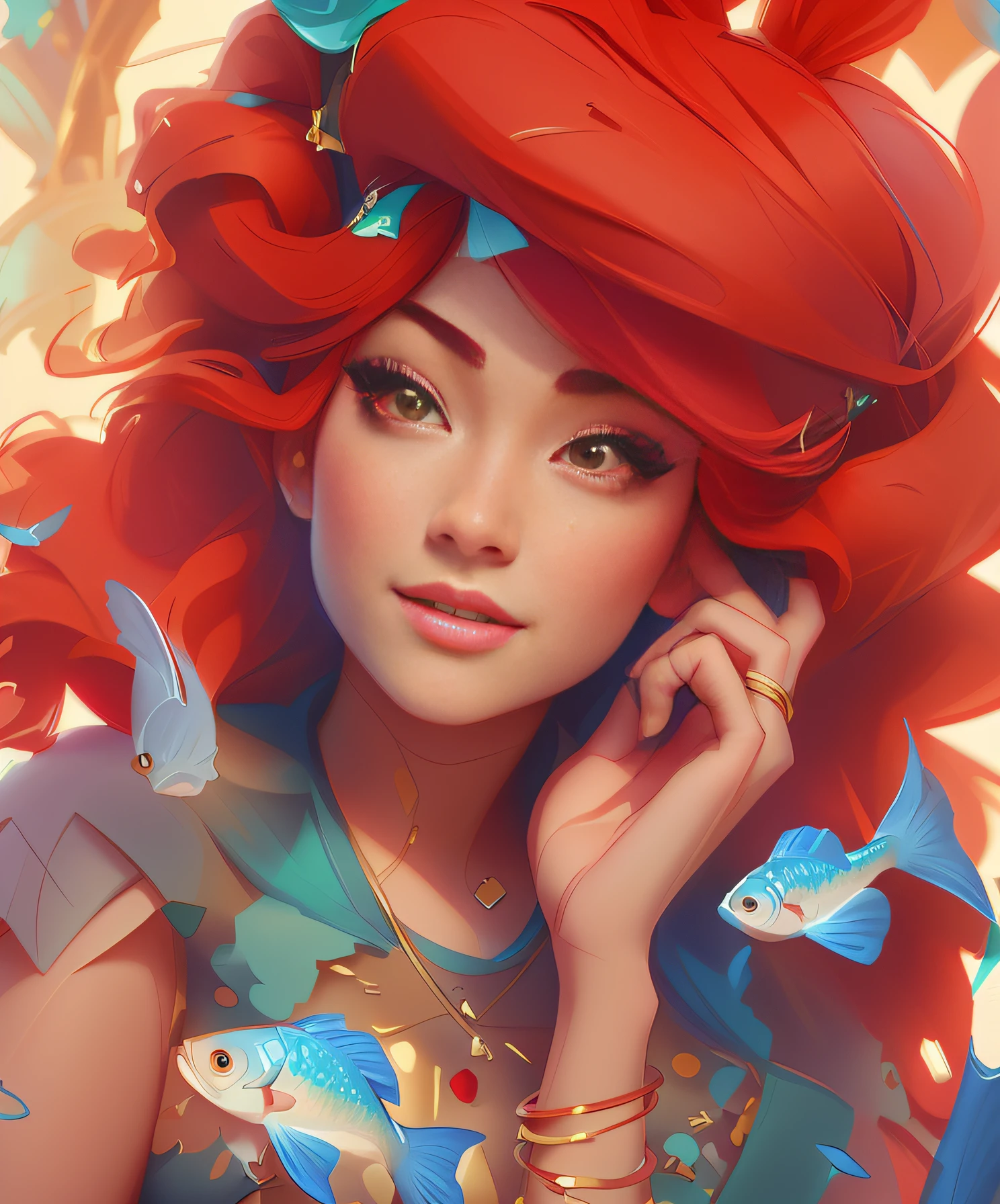 there is a woman with red hair and a fish on her head, in the style of ross tran, art in the style of disney, ross tran 8 k, beautiful digital illustration, beautiful digital artwork, inspired by Ross Tran, photorealistic disney, ross tran style, disney art style, stunning digital illustration, disney concept art, pixar and ilya kuvshinov