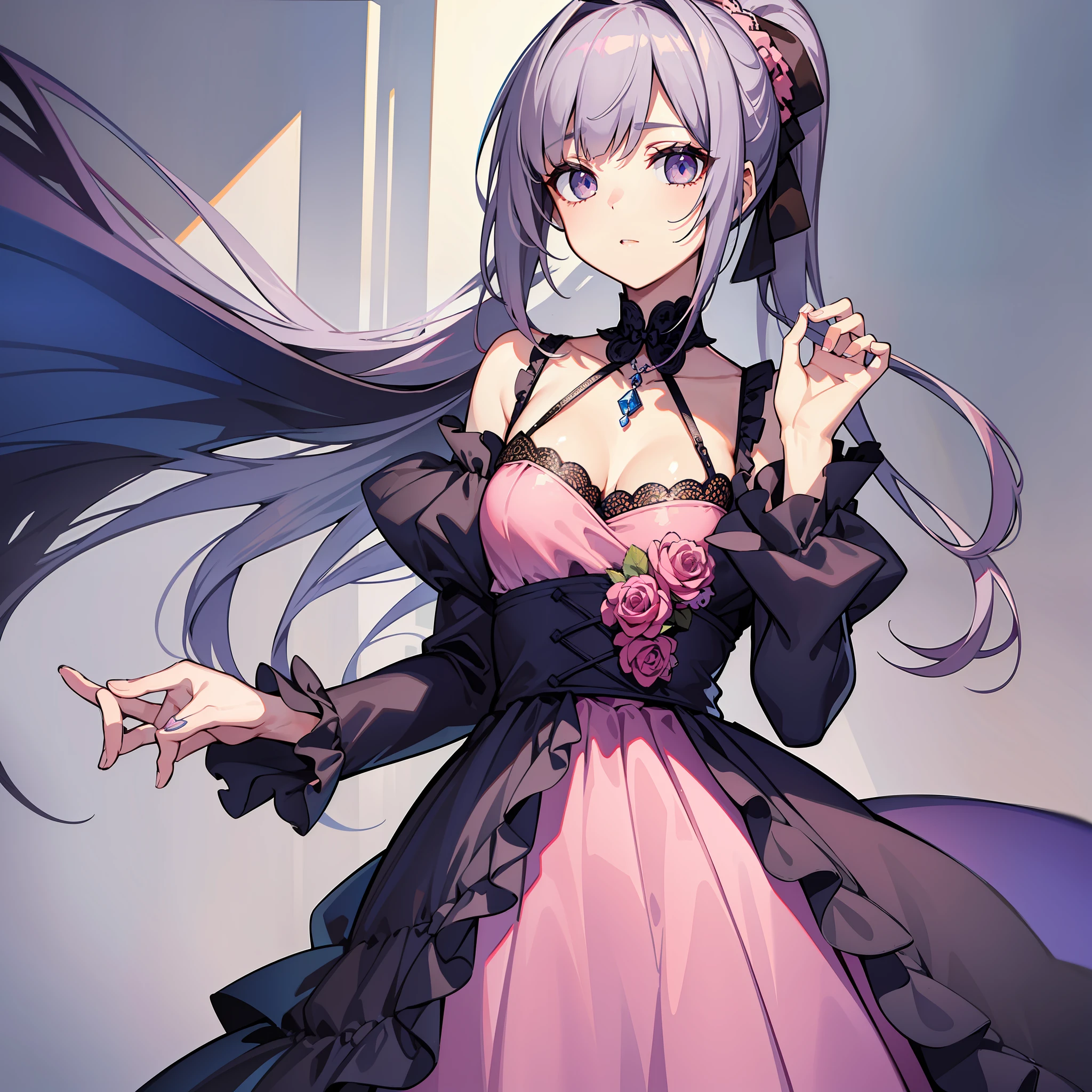 "Create a masterpiece with high-resolution and the best quality, emphasizing intricate eye details and elaborate hair details. The subject is a single, elegant Lolita pink dress, indigo hair, ponytail, gray eyes