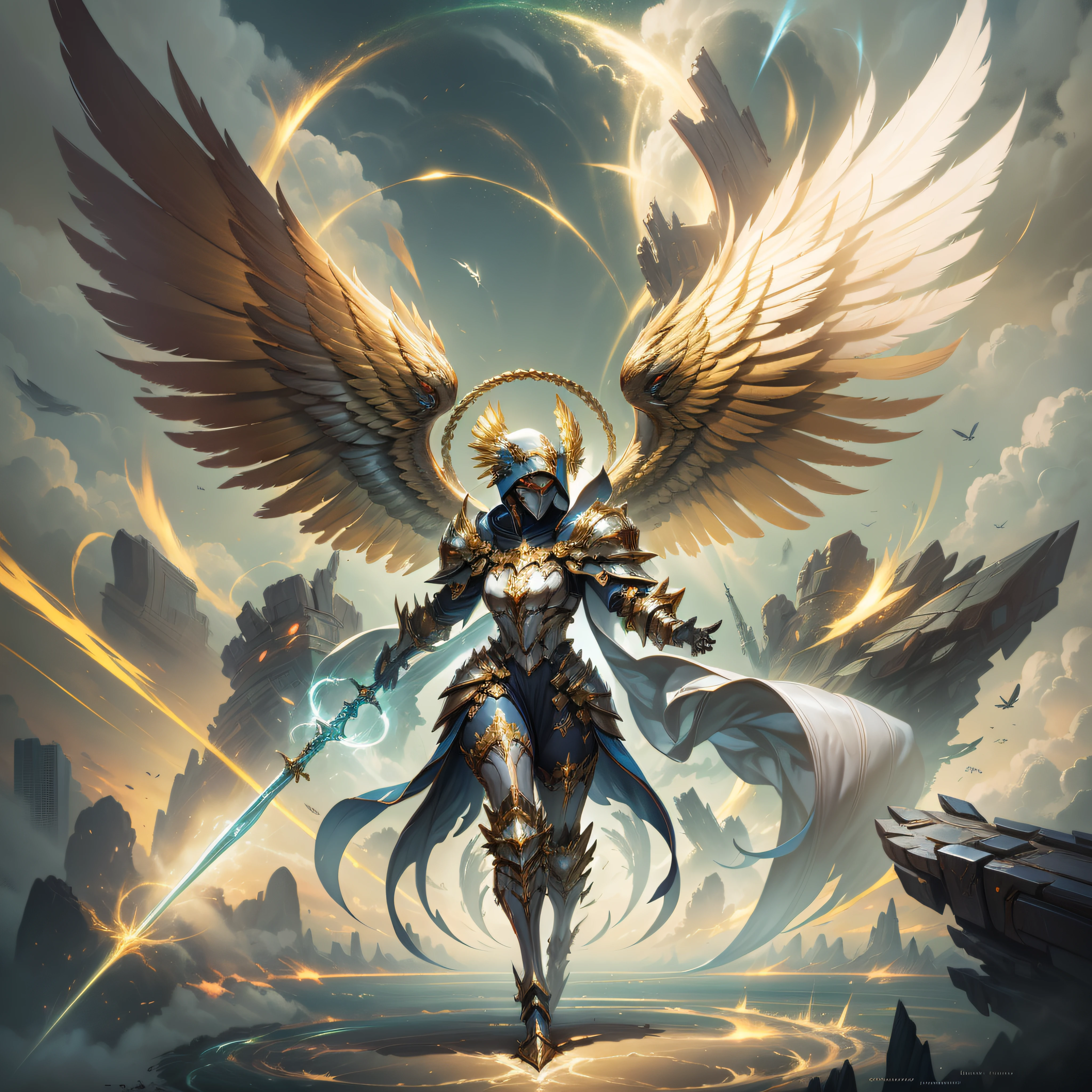 Golden armored angel, wings made of energy, metal halo, no face, hooded, gold, fantasy, concept art, ultra realistic, character art by greg rutkowski