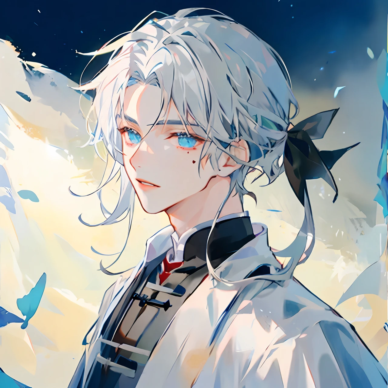 Anime image of a white-haired male Taoist, He wore a Taoist robe，with long white hair, Wearing a blue-black robe，There is a red mole on the forehead，Lips closed，Blue-black background