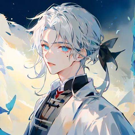 Anime image of a white-haired male Taoist, He wore a Taoist robe，with long white hair, Wearing a blue-black robe，There is a red ...