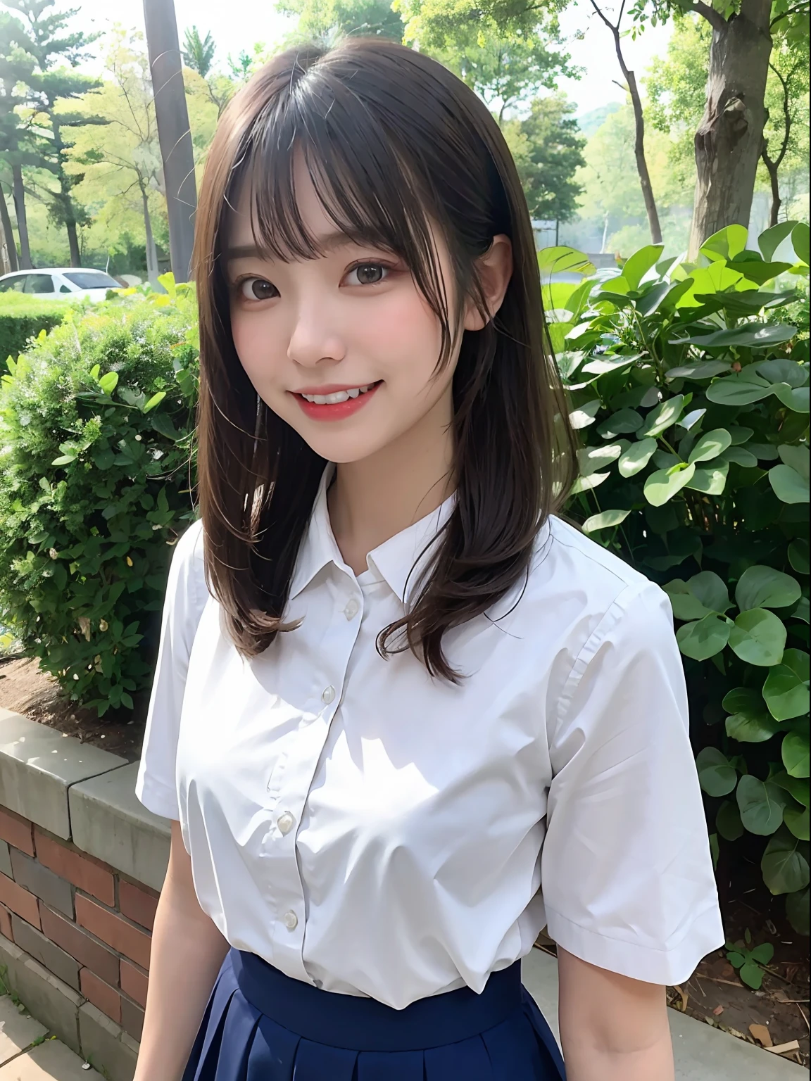 top-quality、in 8K、masterpies:1.3))、1girl in、Beautiful woman with slim abs accent:1.3、Super Detail Face、Delicat eyes、二重まぶた、full body Esbian、poneyTail、20yr old、Brown hair、A smile、summer clothing、skirt by the、ln the forest、Opens mouth and laughs