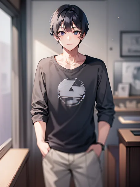 1 boy standing in the room，with short black hair，The light is pale，With a smile，dressed in casual attire