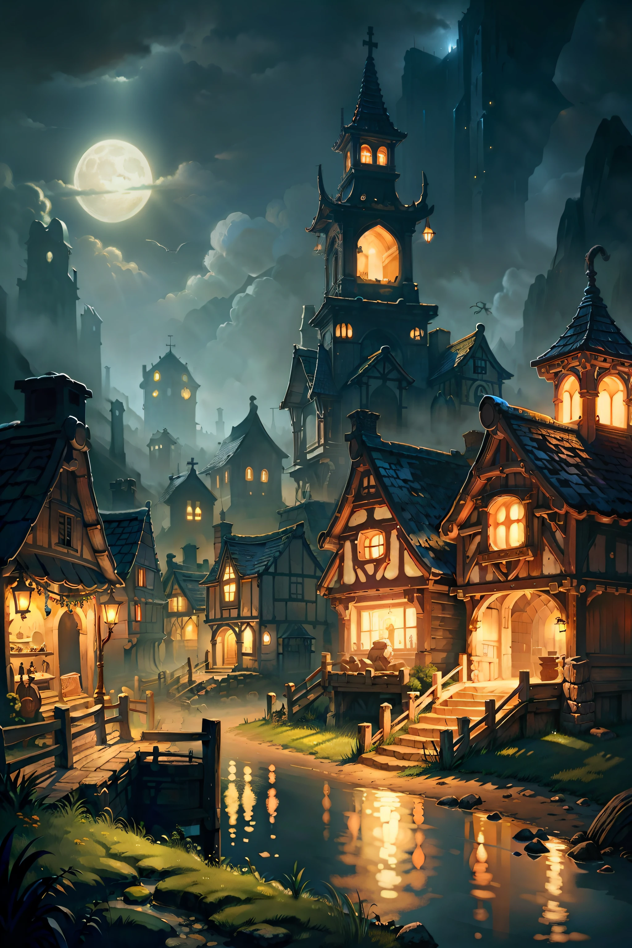 fansty world，darkly，scenecy，villages，rios，with light glowing，tmasterpiece，8k wallpaper。