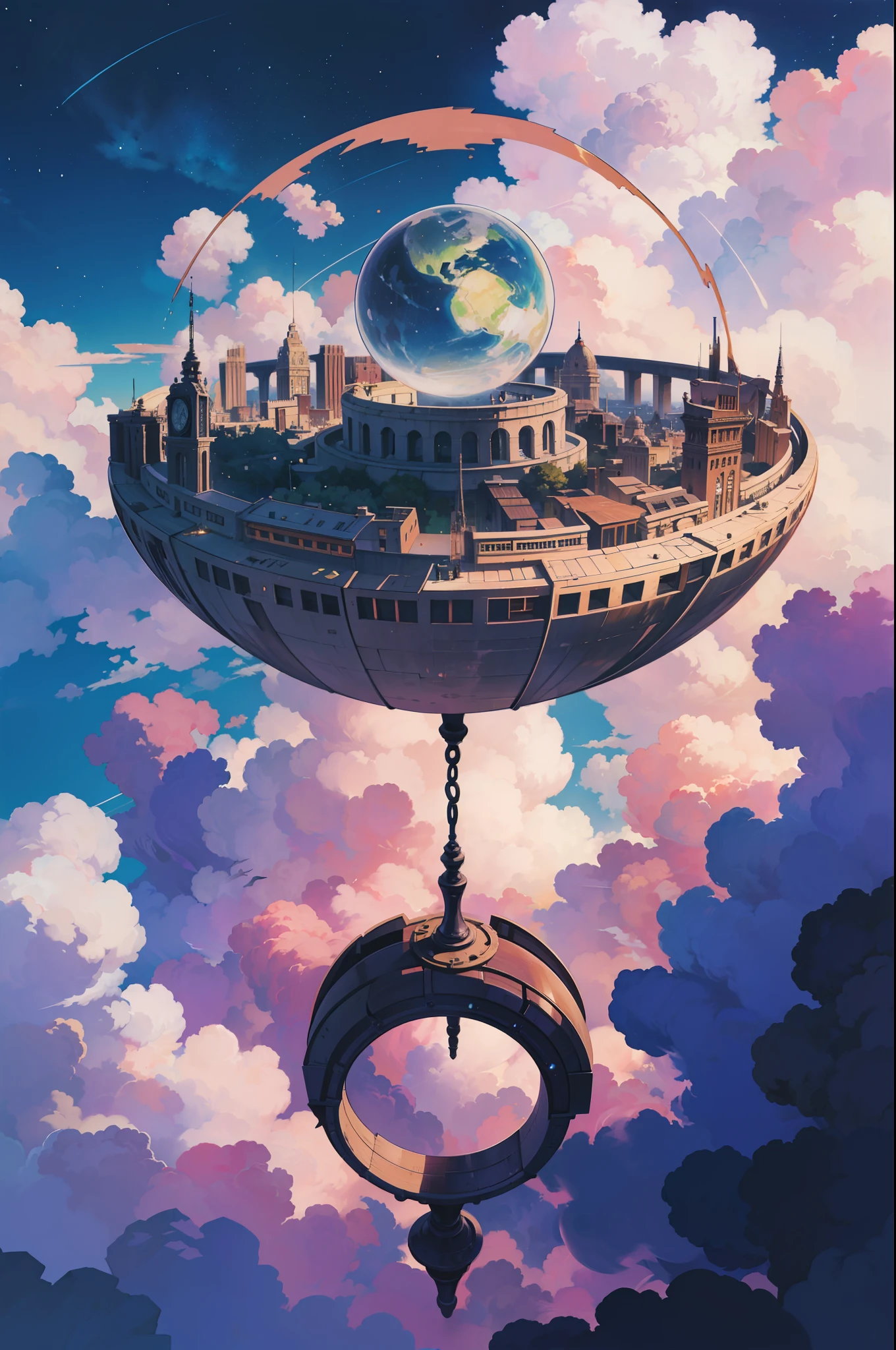 （levitating：1.5），（A huge double-ring steampunk city floating in space：1.3），（Illuminated futuristic steampunk city：1.4），（Thick clouds：1.4），（Estilo de Makoto Shinkai：1.4），Rejoice，Perfect quality，Clear focus（Clutter - home：0.8）， （tmasterpiece：1.2）， （realisticlying：1.2） ，（with light glowing：1.2）， （best qualtiy）， （detailed  starry sky：1.3） ，（complexdetails）， （8K）， （Detail meteor） ，（Sharp focus），（having fun），（Award-winning digital artwork：1.3） af （sketching：1.3），（with dynamism：1.3）,studiolight,Theme，looking from above, the space, afloat， --v 6