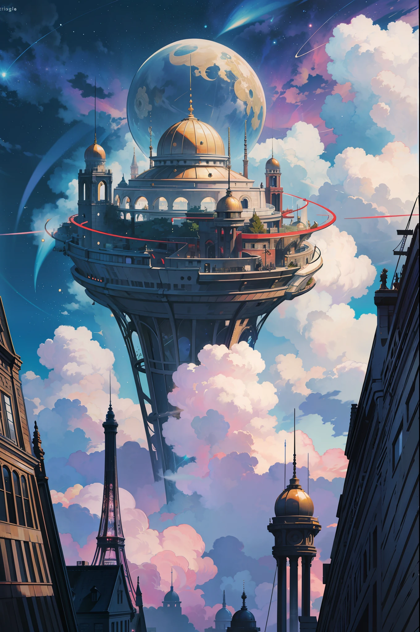 （léviter：1.5），（Une immense ville steampunk à double anneau flottant dans l&#39;espace：1.3），（Ville steampunk futuriste illuminée：1.4），（nuages épais：1.4），（Style de Makoto Shinkai：1.4），réjouir，qualité parfaite，Mise au point claire（désordre - maison：0.8）， （chef-d&#39;œuvre：1.2）， （de manière réaliste：1.2） ，（avec une lumière brillante：1.2）， （meilleure qualité）， （ciel étoilé détaillé：1.3） ，（détails complexes）， （8k）， （Météore de détail） ，（netteté），（s&#39;amuser），（Oeuvre numérique primée：1.3） de （esquisse：1.3），（avec dynamisme：1.3）,lumière de studio,thème，regardant d&#39;en haut, l&#39;espace, deloat， --à 6